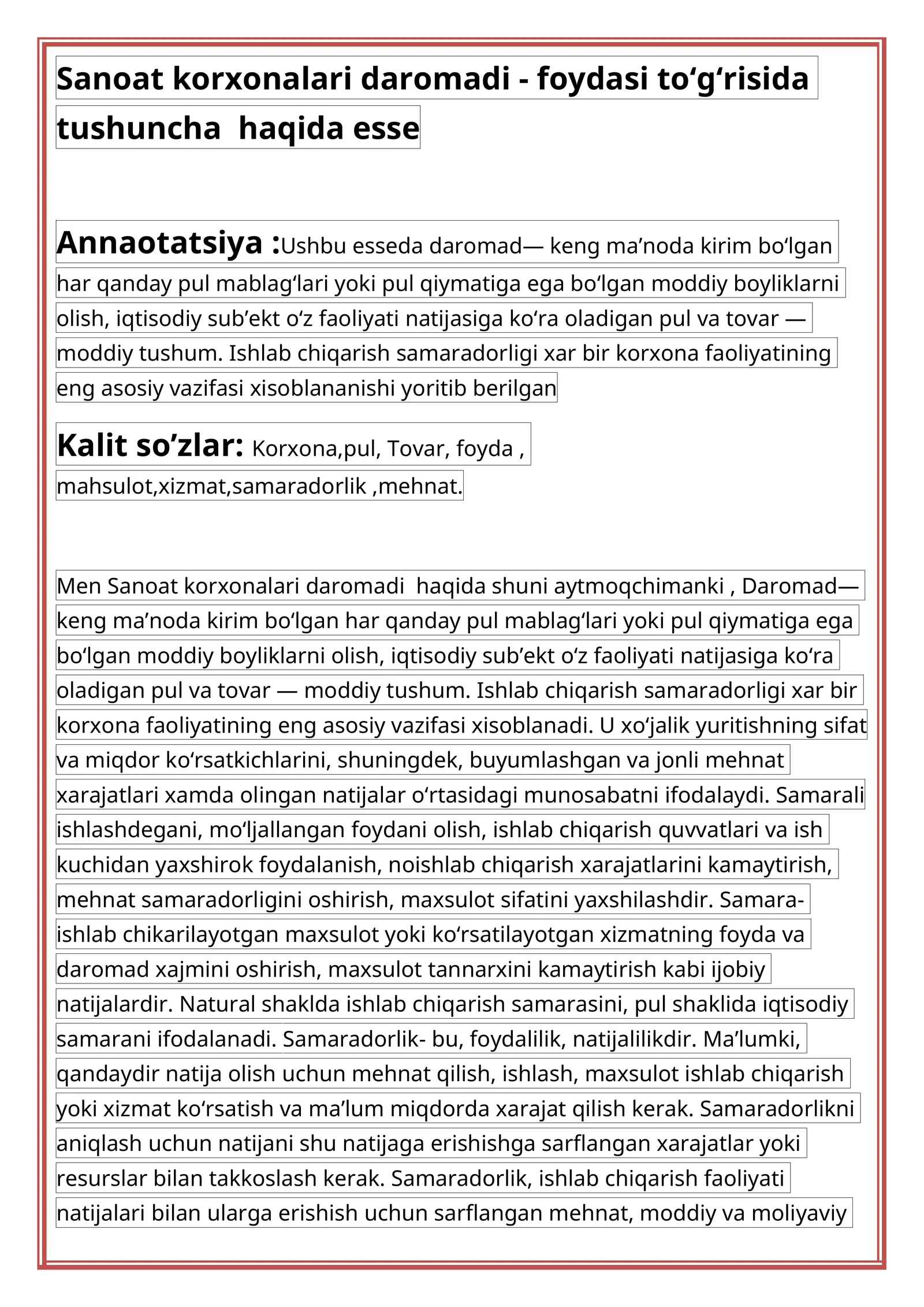 Sanoat korxonalari daromadi - foydasi to‘g‘risida tushuncha haqida esse