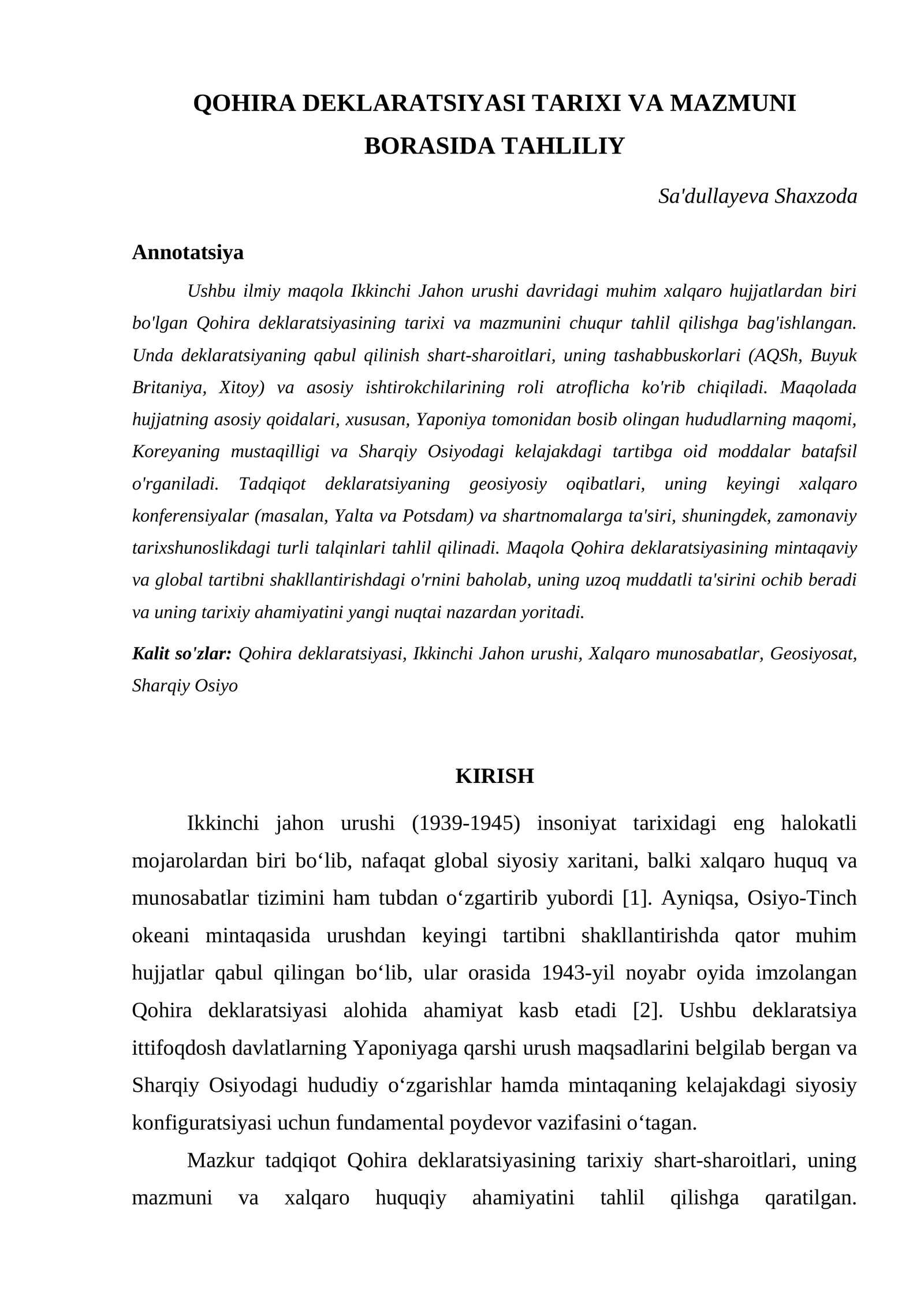 QOHIRA DEKLARATSIYASI TARIXI VA MAZMUNI BORASIDA TAHLILIY