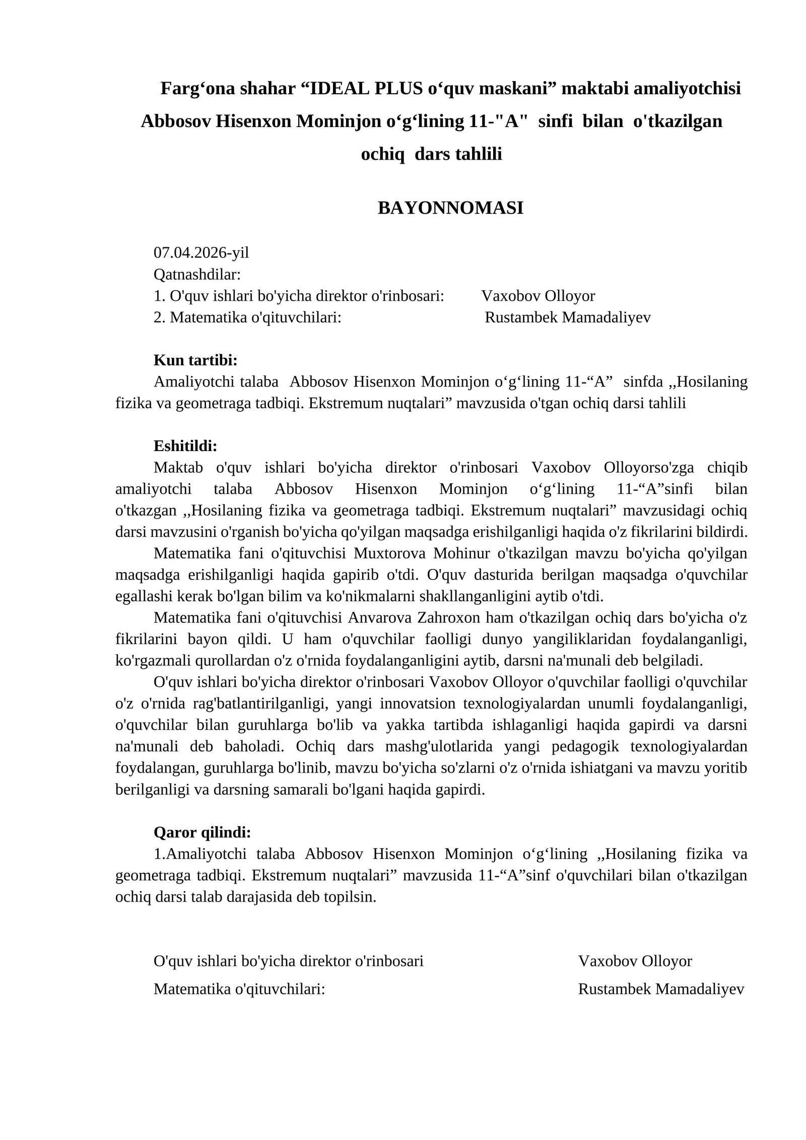 Ochiq dars bayonnomasi namunasi