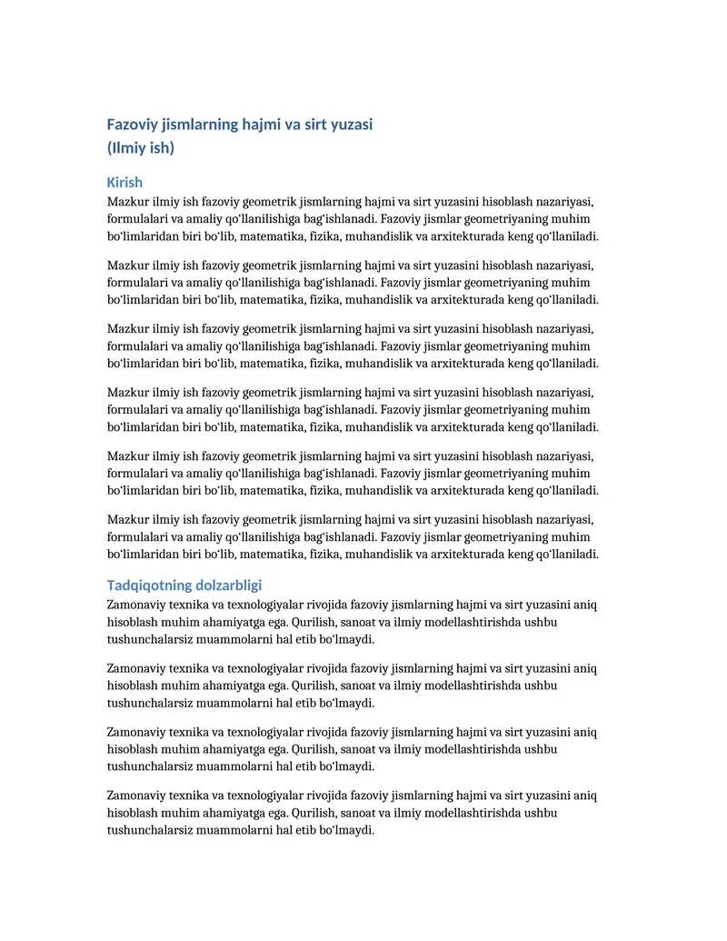 Fazoviy jismlarning hajmi va sirt yuzasi