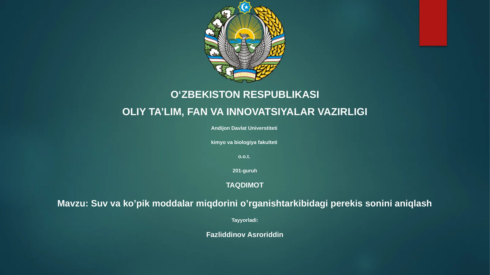 Suv va ko’pik moddalar miqdorini o’rganishtarkibidagi perekis sonini aniqlash