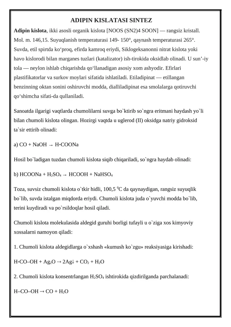 Adipin kislatasi sintez