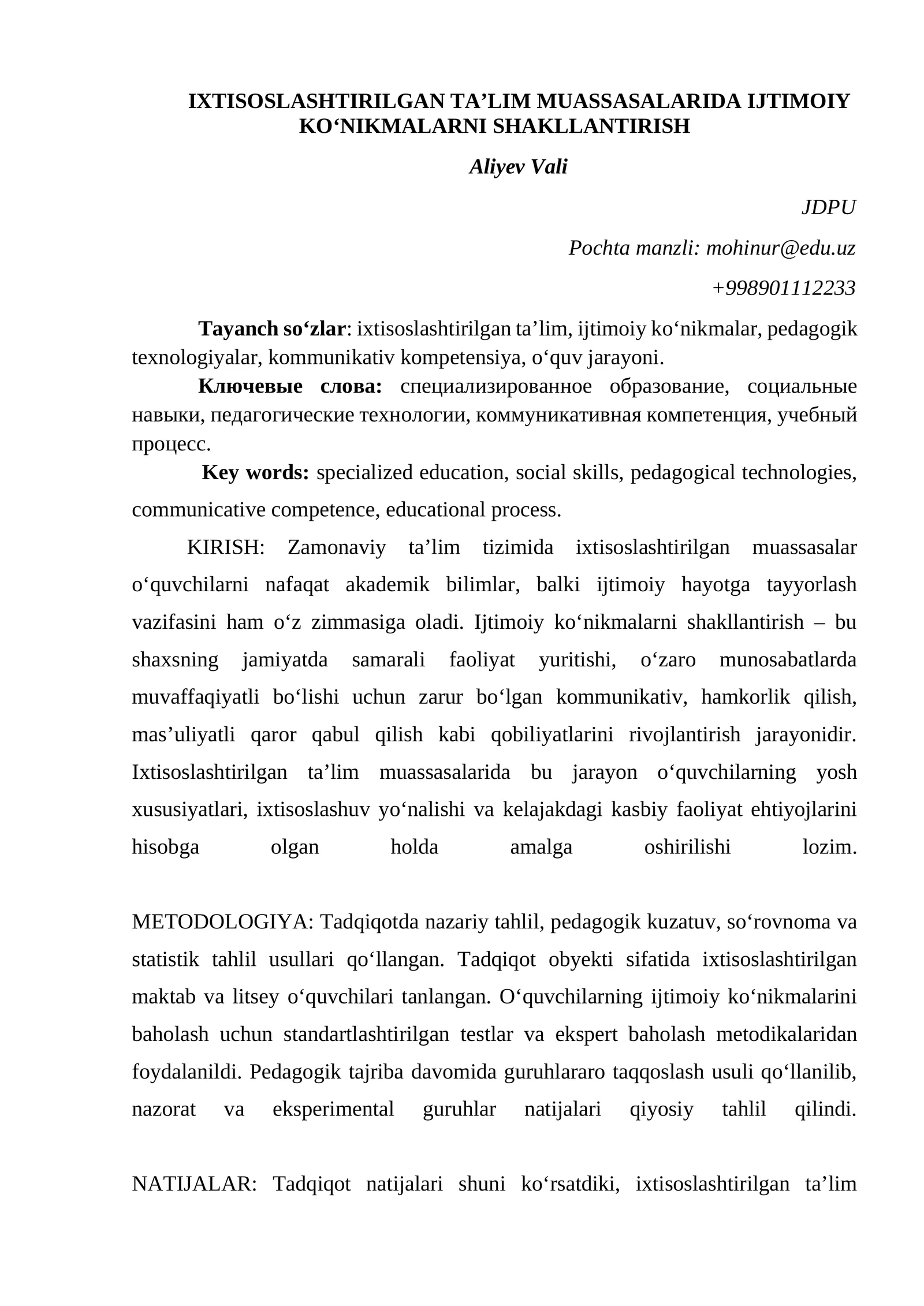 IXTISOSLASHTIRILGAN TA’LIM MUASSASALARIDA IJTIMOIY KO‘NIKMALARNI SHAKLLANTIRISH