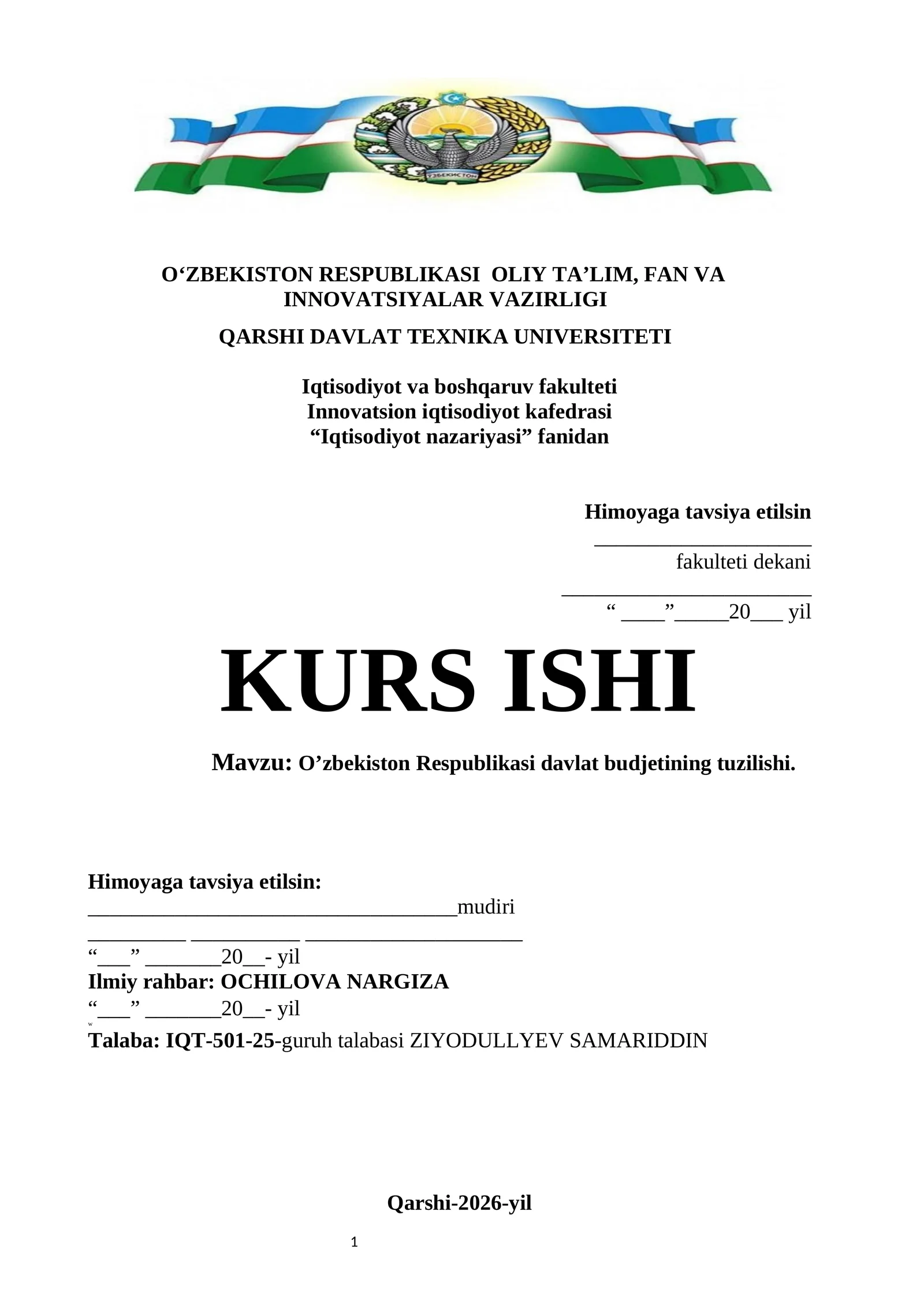 O’zbekiston Respublikasi davlat budjetining tuzilishi