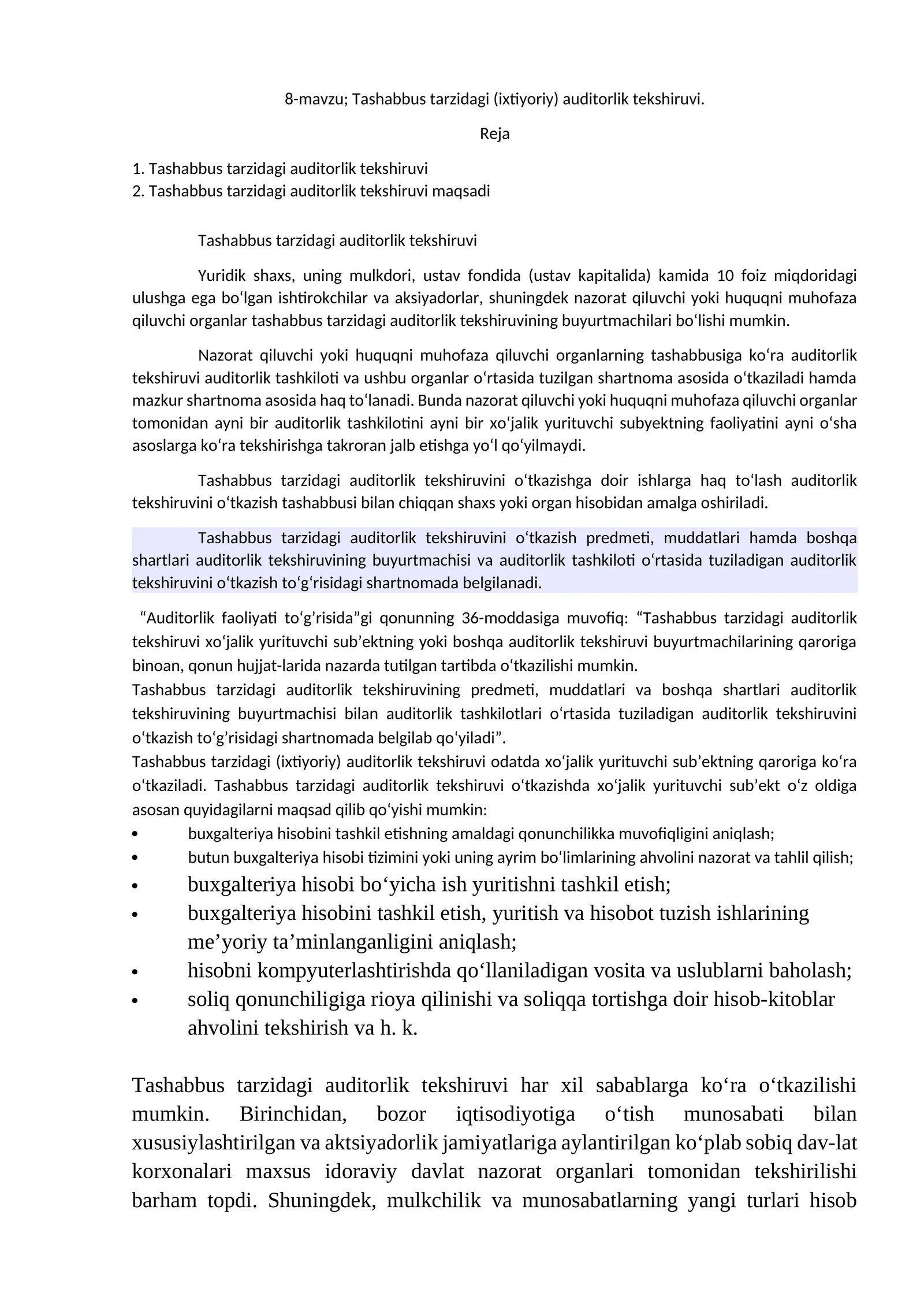 Tashabbus tarzidagi (ixtiyoriy) auditorlik tekshiruvi
