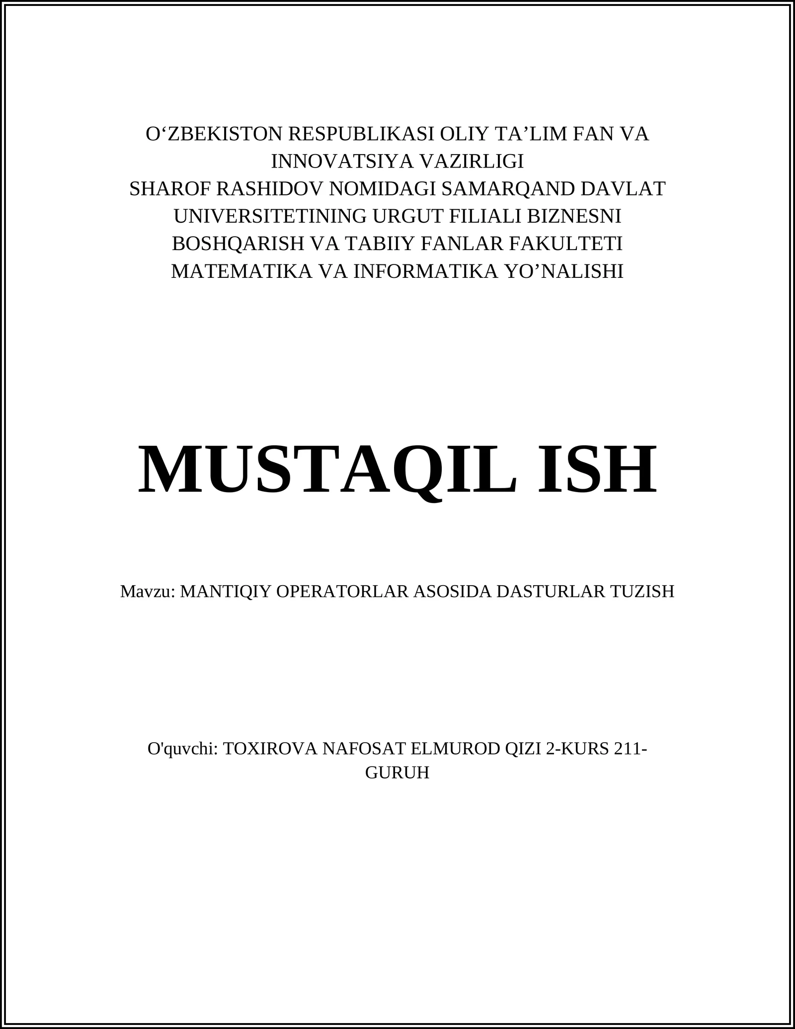 MANTIQIY OPERATORLAR ASOSIDA DASTURLAR TUZISH