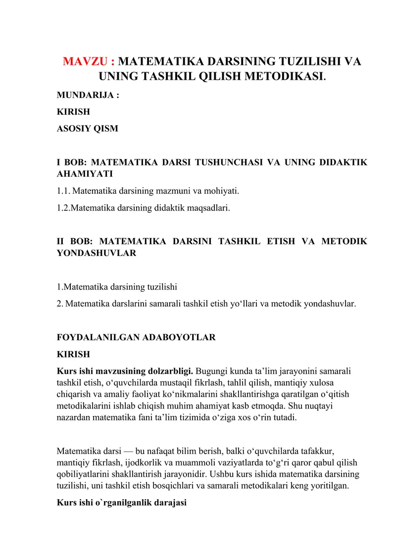 matematika darsning tuzilishi va uning tashkil etish metodikasi