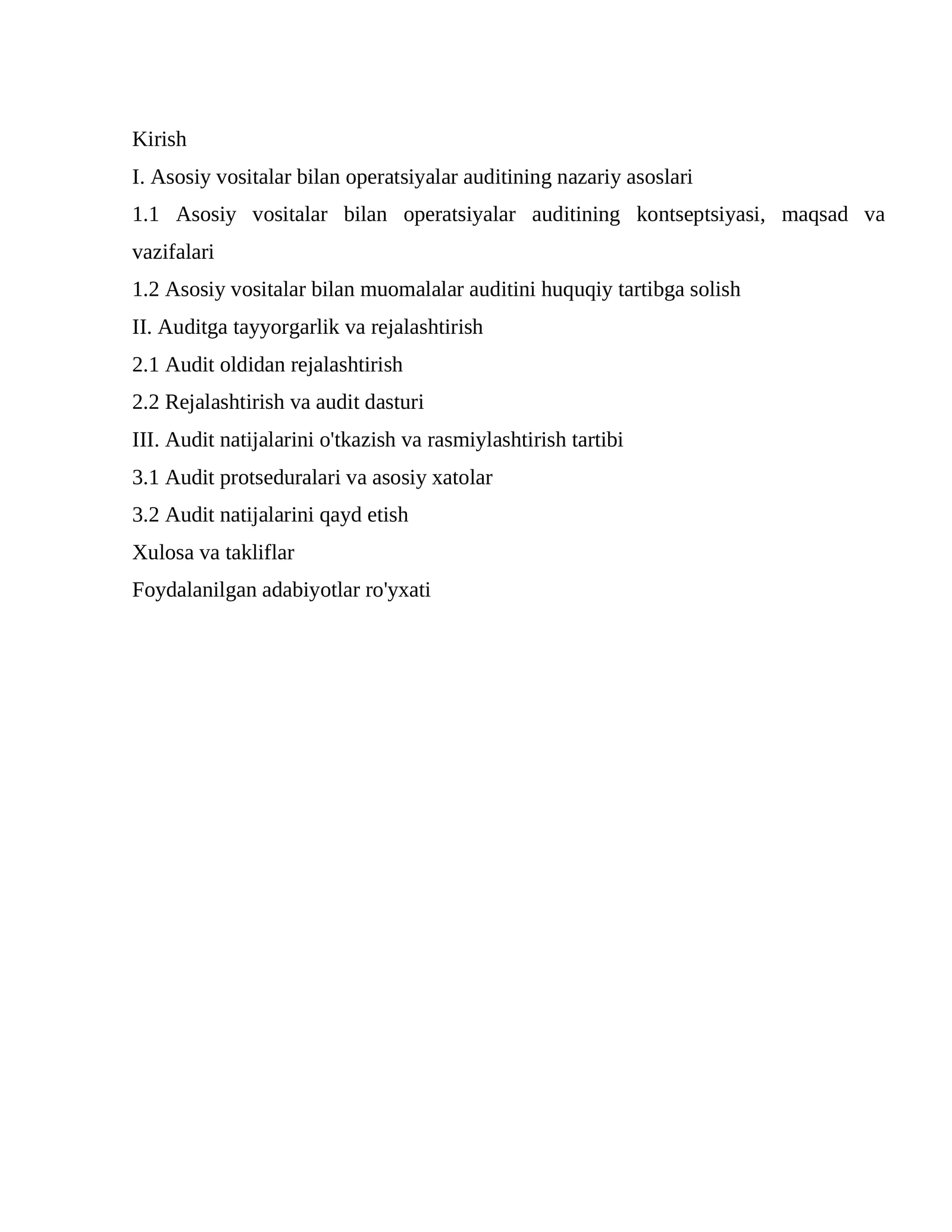 Asosiy vositalar bilan operatsiyalar auditining nazariy asoslari