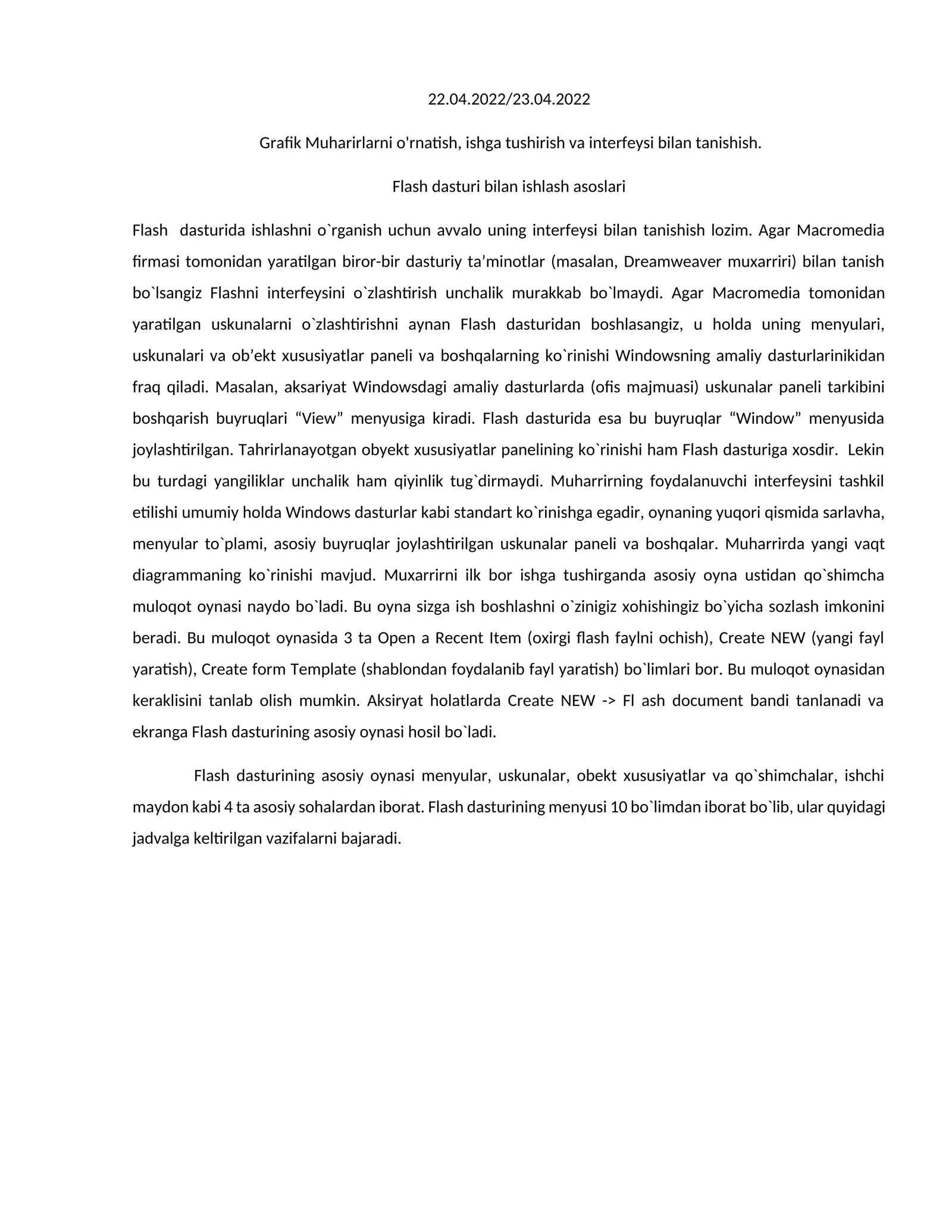 Flash dasturida ishlashni o`rganish
