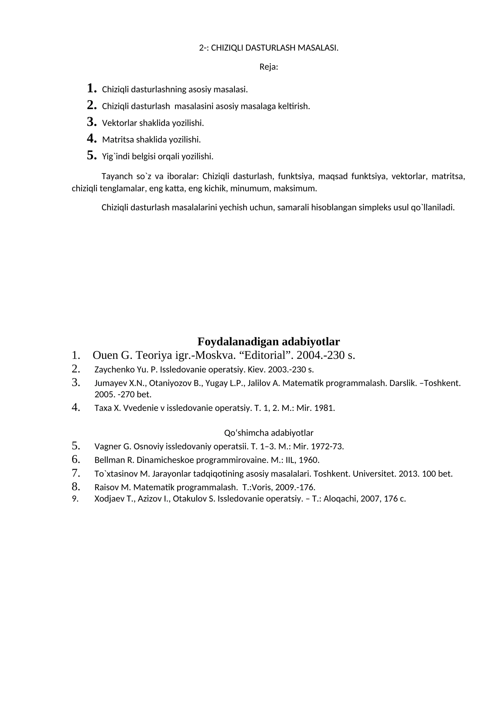 CHIZIQLI DASTURLASH MASALASI