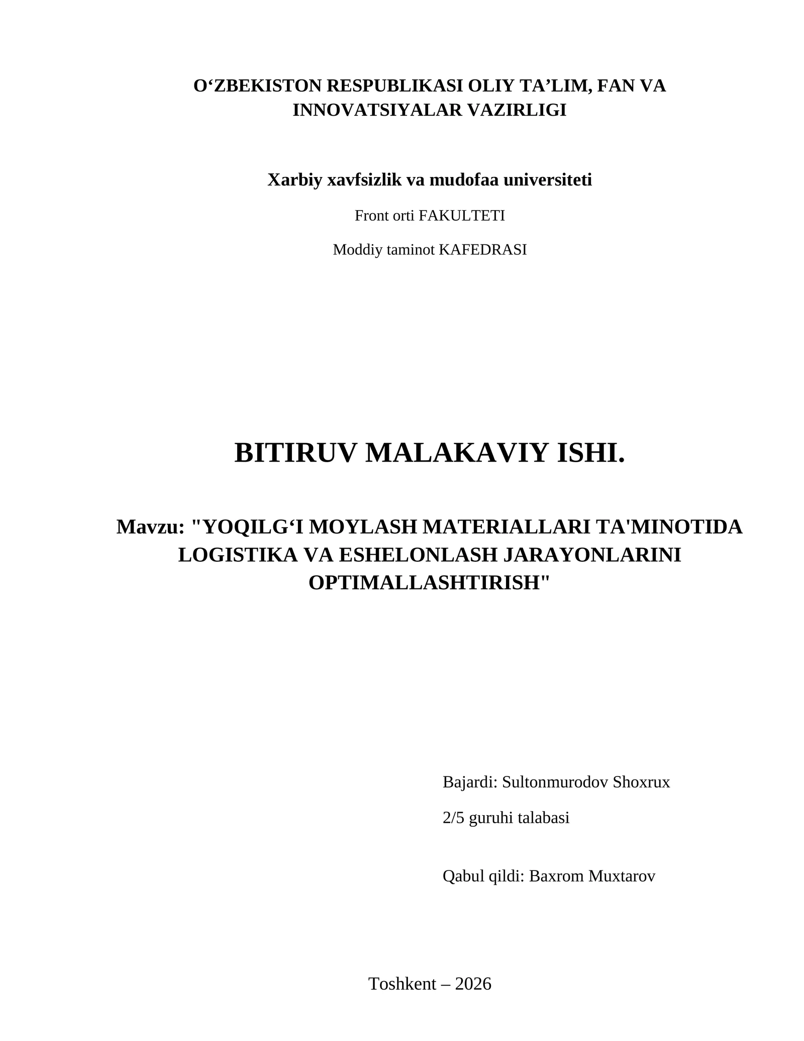 Yoqilgʻi moylash materiallari ta'minotida logistika va eshelonlash jarayonlarini optimallashtirish