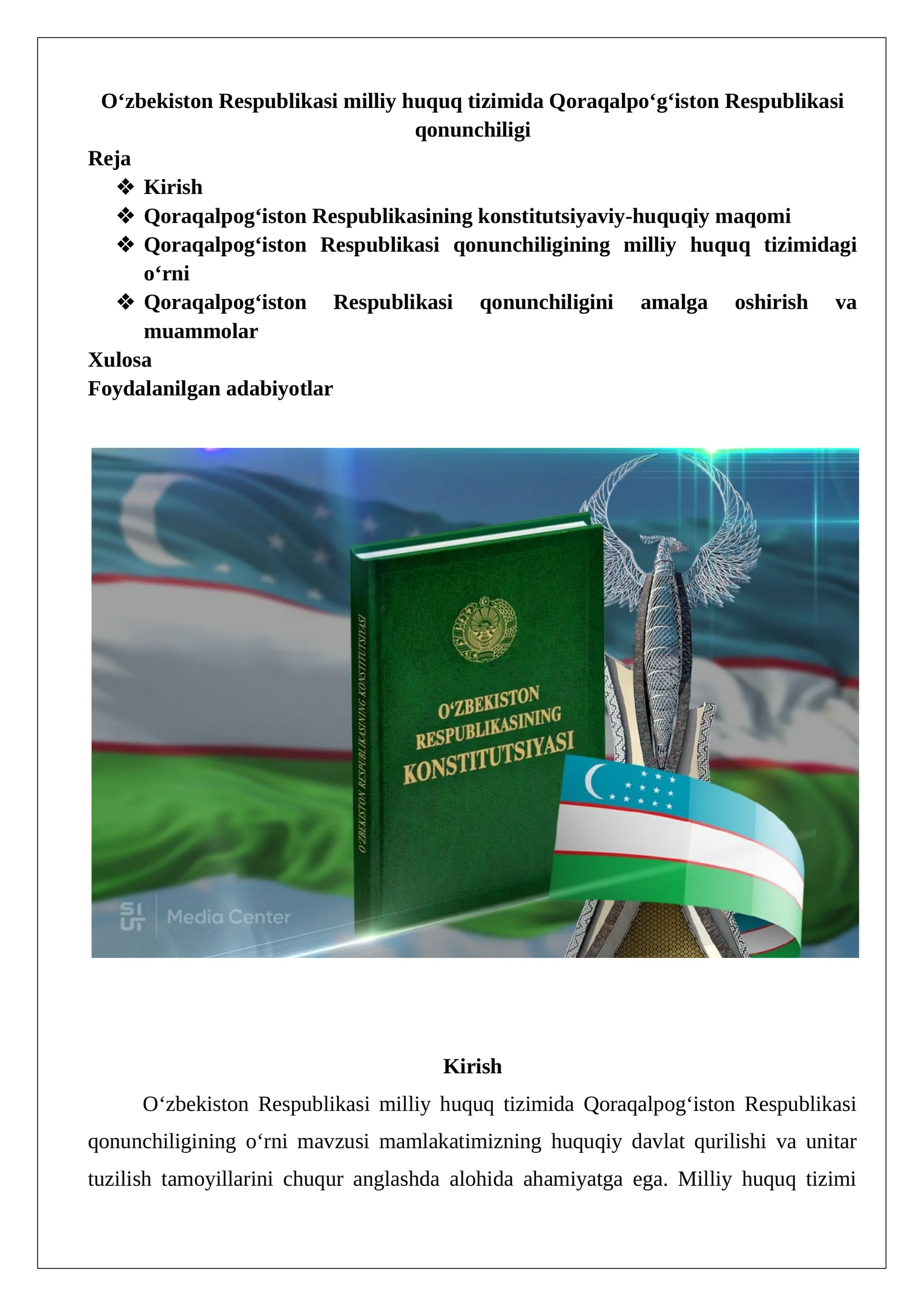 O‘zbekiston Respublikasi milliy huquq tizimida Qoraqalpo‘g‘iston Respublikasi qonunchiligi