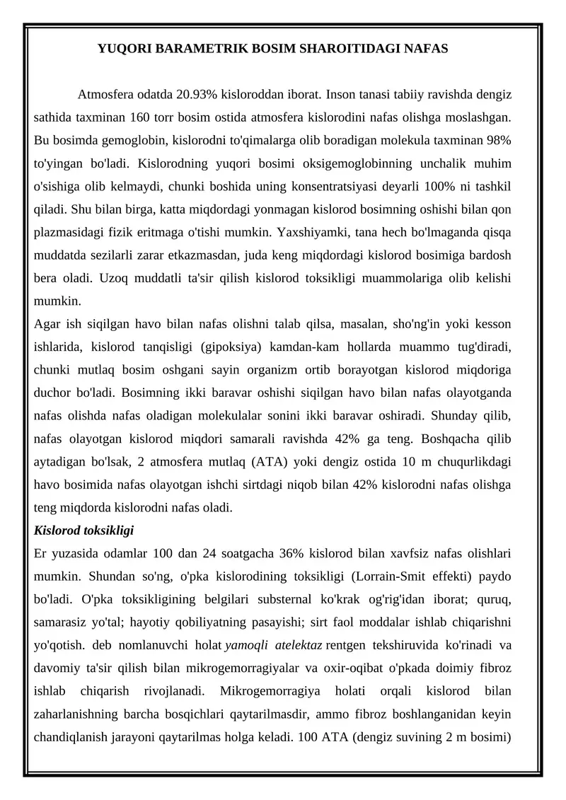 YUQORI BARAMETRIK BOSIM SHAROITIDAGI NAFAS