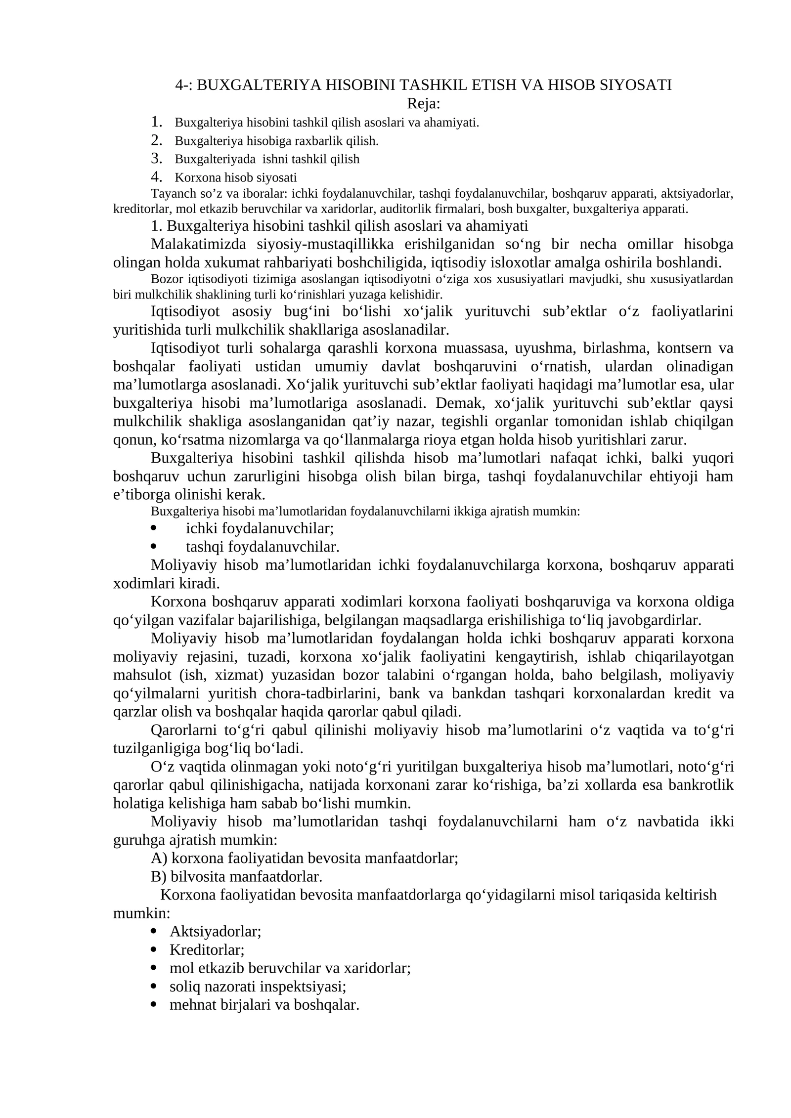 BUXGALTERIYA HISOBINI TASHKIL ETISH VA HISOB SIYOSATI