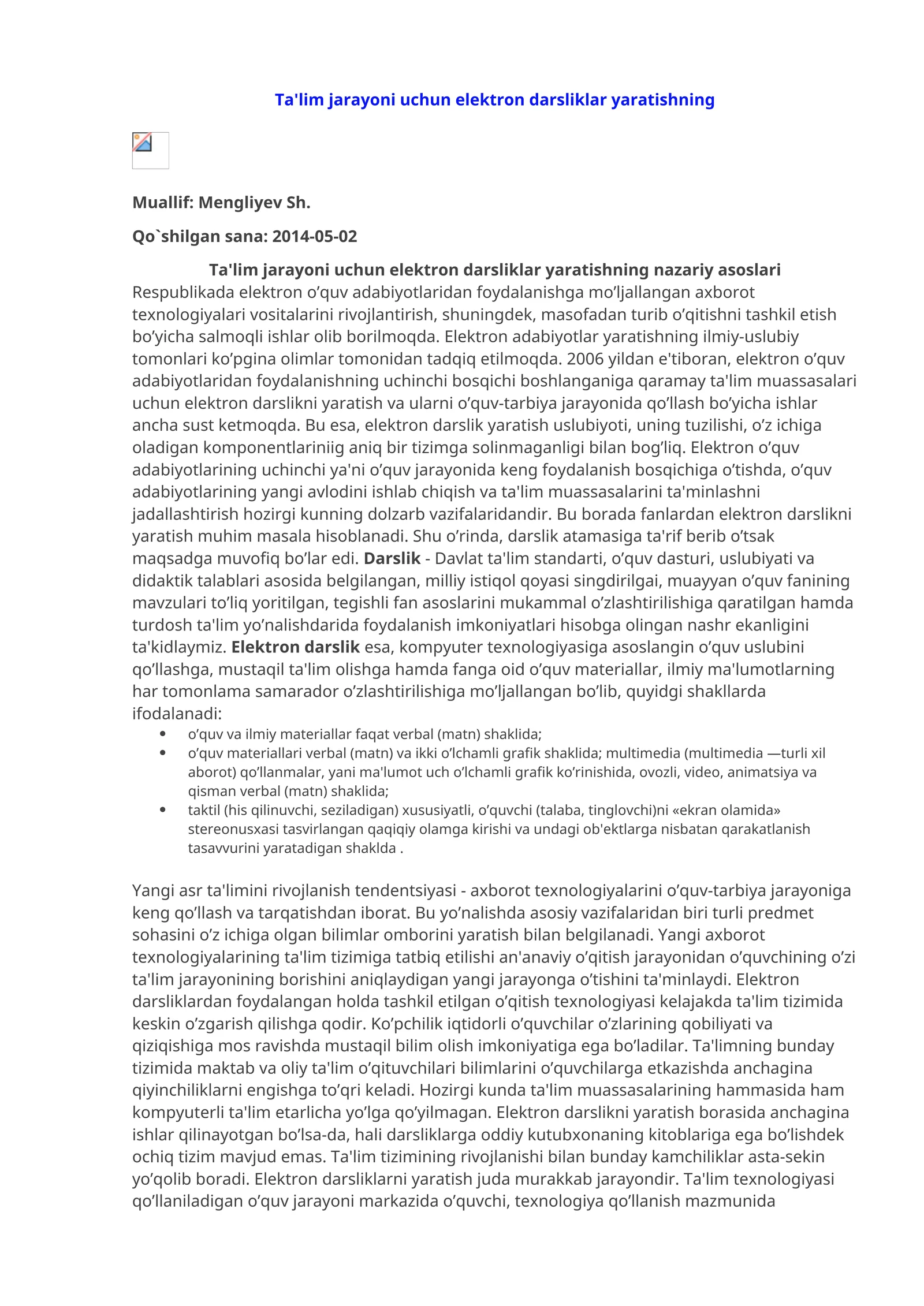 Ta'lim jarayoni uchun elеktron darsliklar yaratishning nazariy asoslari