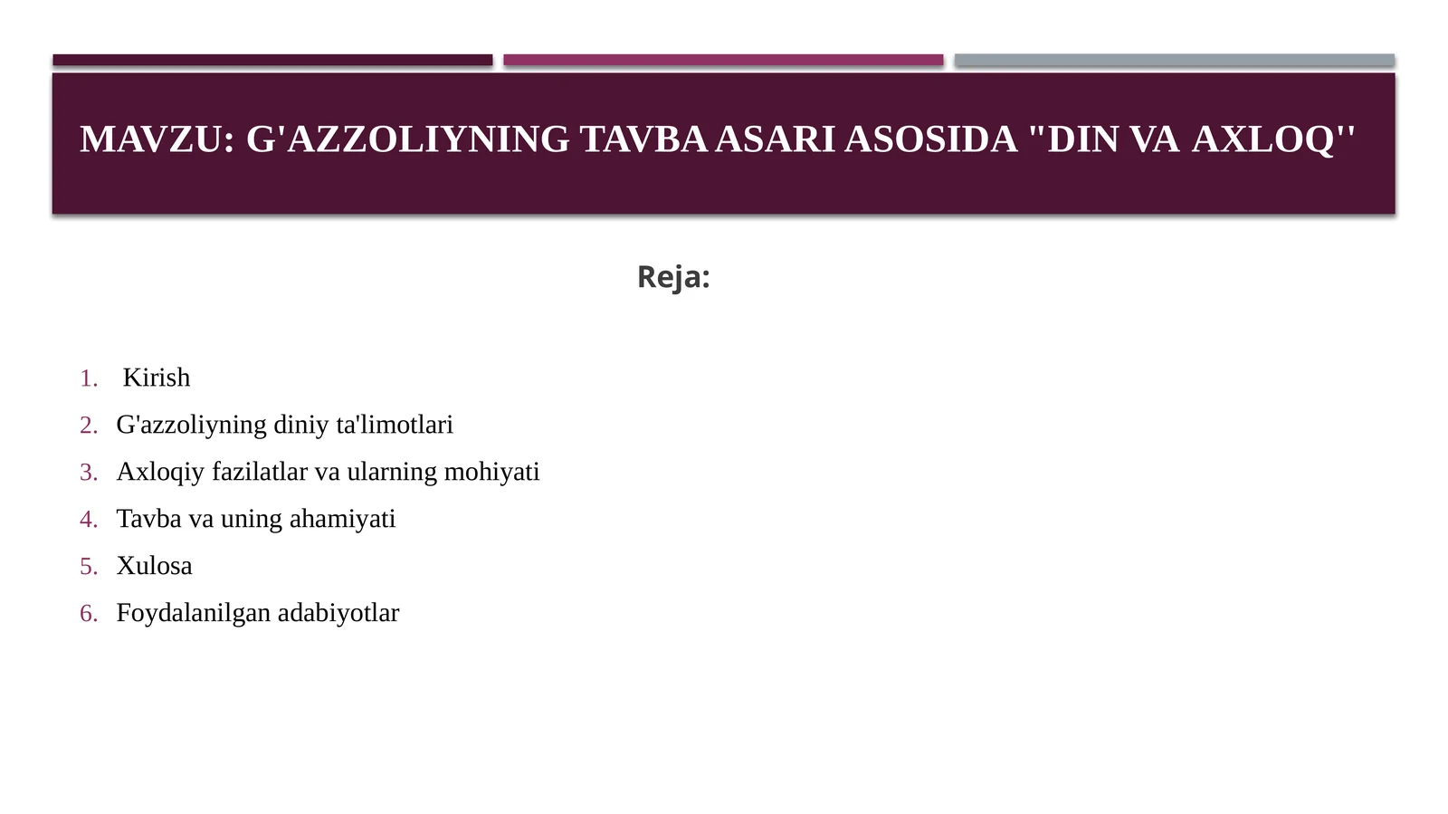 G'azzoliyning tavba asari asosida din va axloq