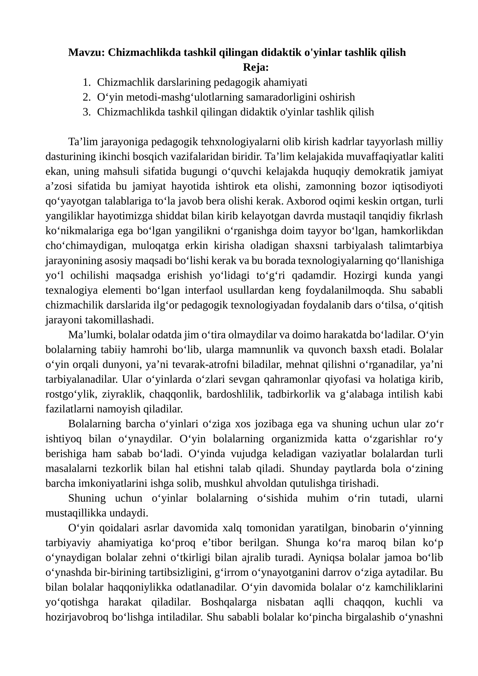 Chizmachlikda tashkil qilingan didaktik o'yinlar tashlik qilish