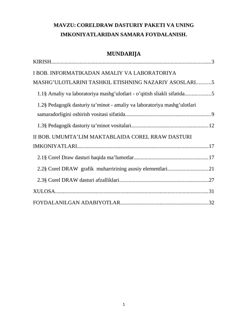 CORELDRAW DASTURIY PAKETI VA UNING IMKONIYATLARIDAN SAMARA FOYDALANISH