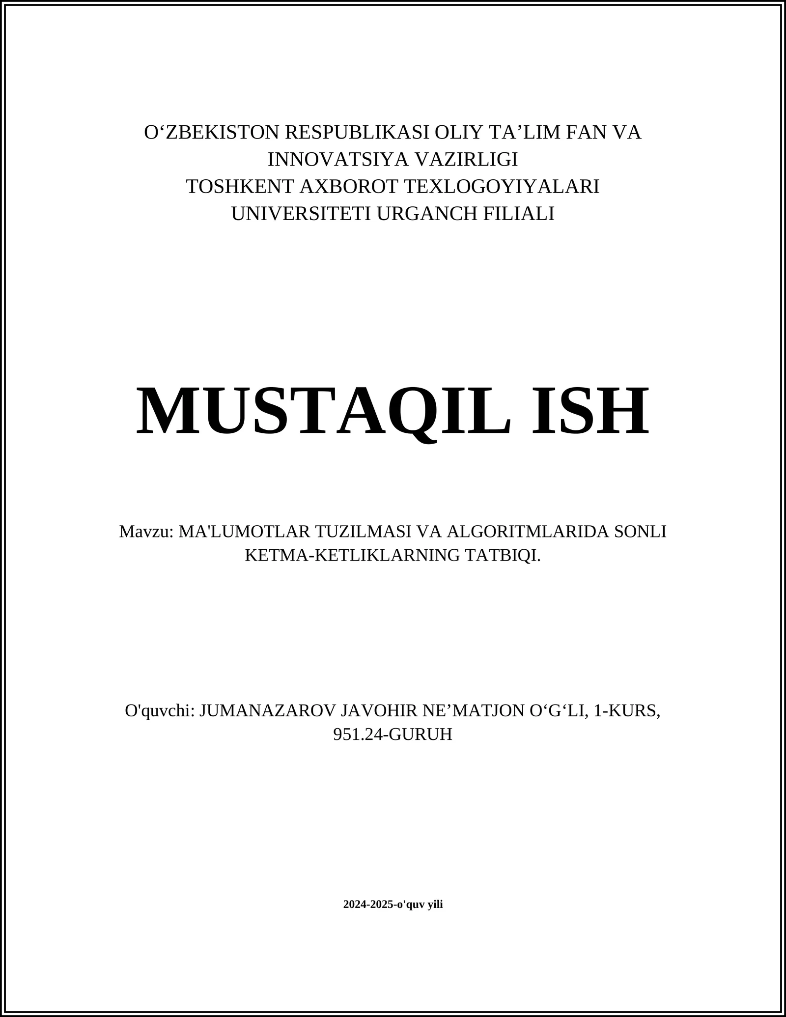 MA'LUMOTLAR TUZILMASI VA ALGORITMLARIDA SONLI KETMA-KETLIKLARNING TATBIQI