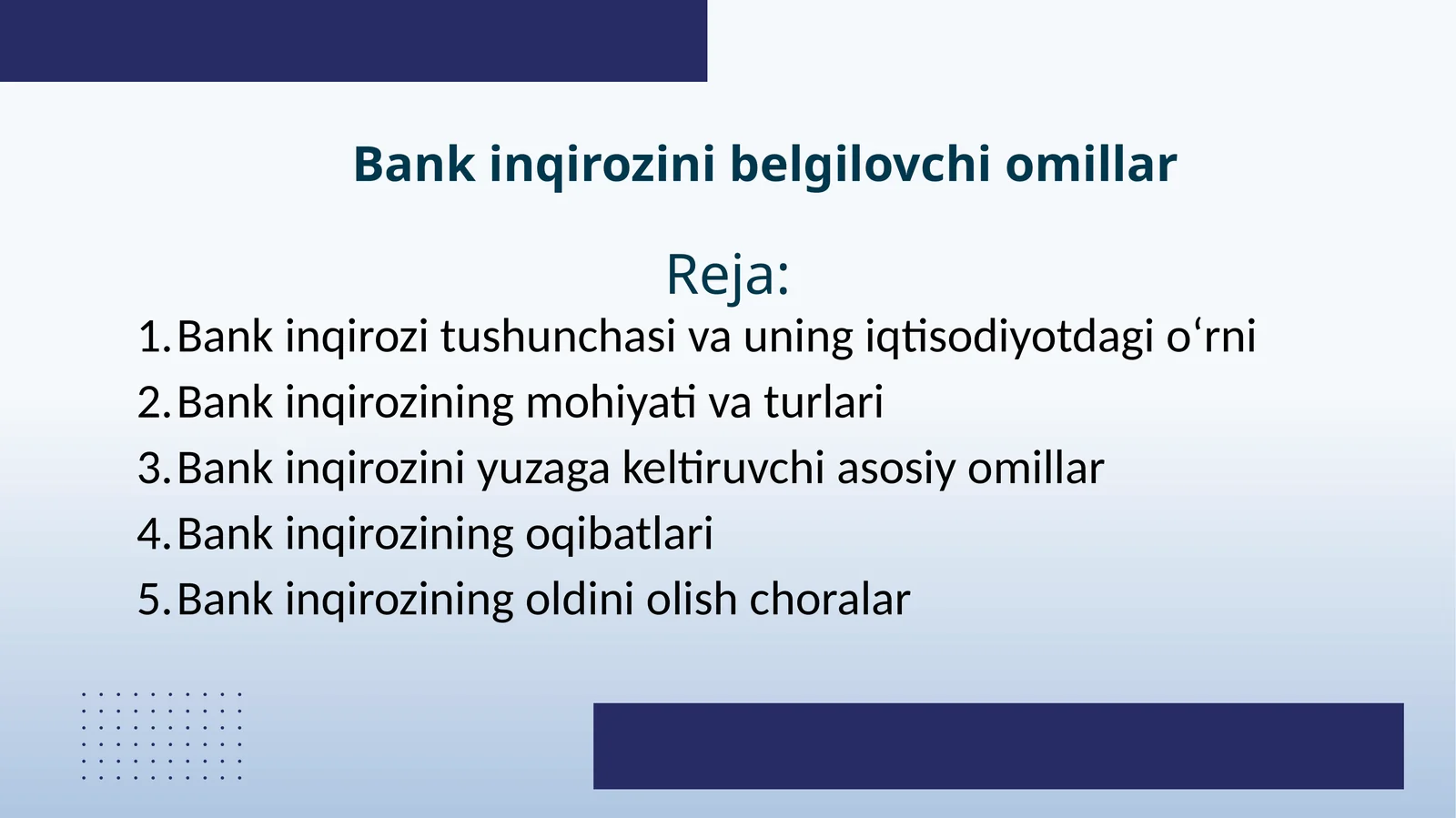 Bank inqirozini belgilovchi omillar