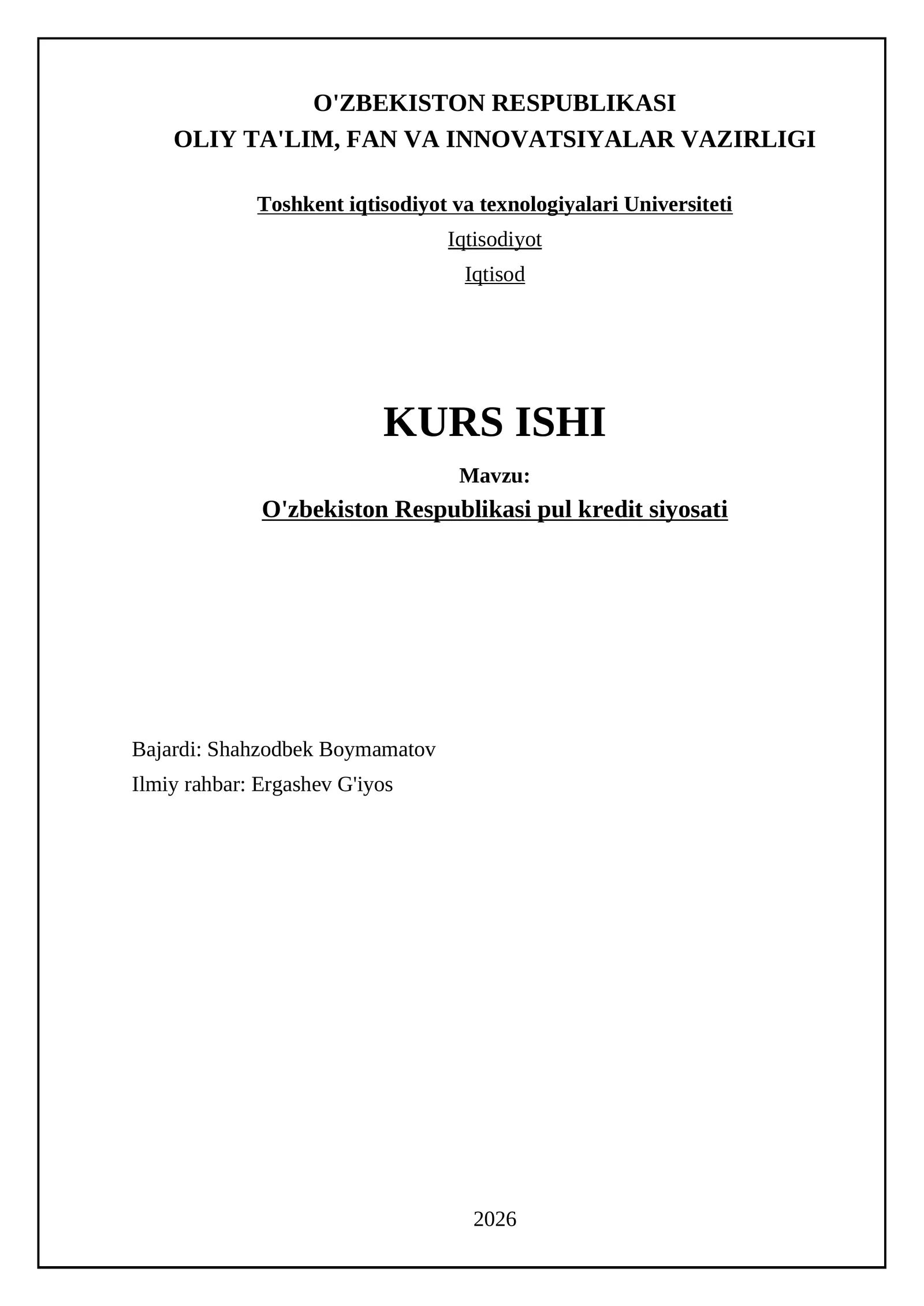 O'zbekiston Respublikasi pul kredit siyosati