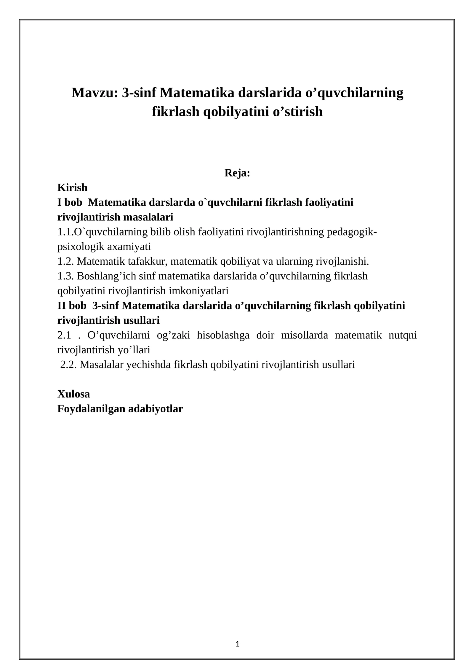 3-sinf Matematika darslarida o’quvchilarning fikrlash qobilyatini o’stirish