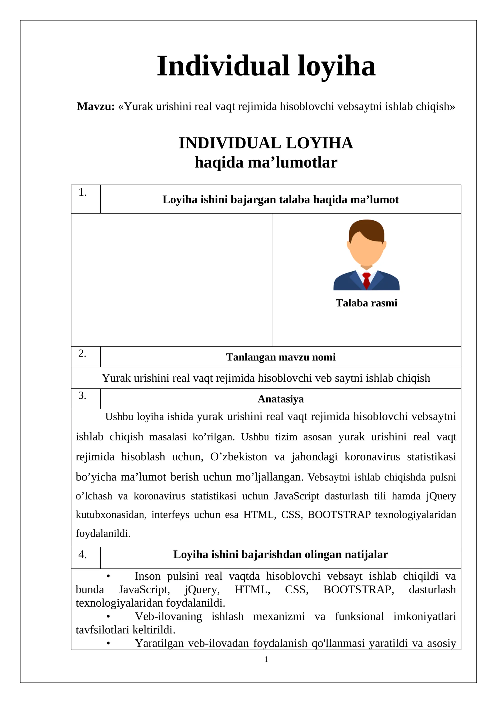 Yurak urishini real vaqt rejimida hisoblovchi vebsaytni ishlab chiqish