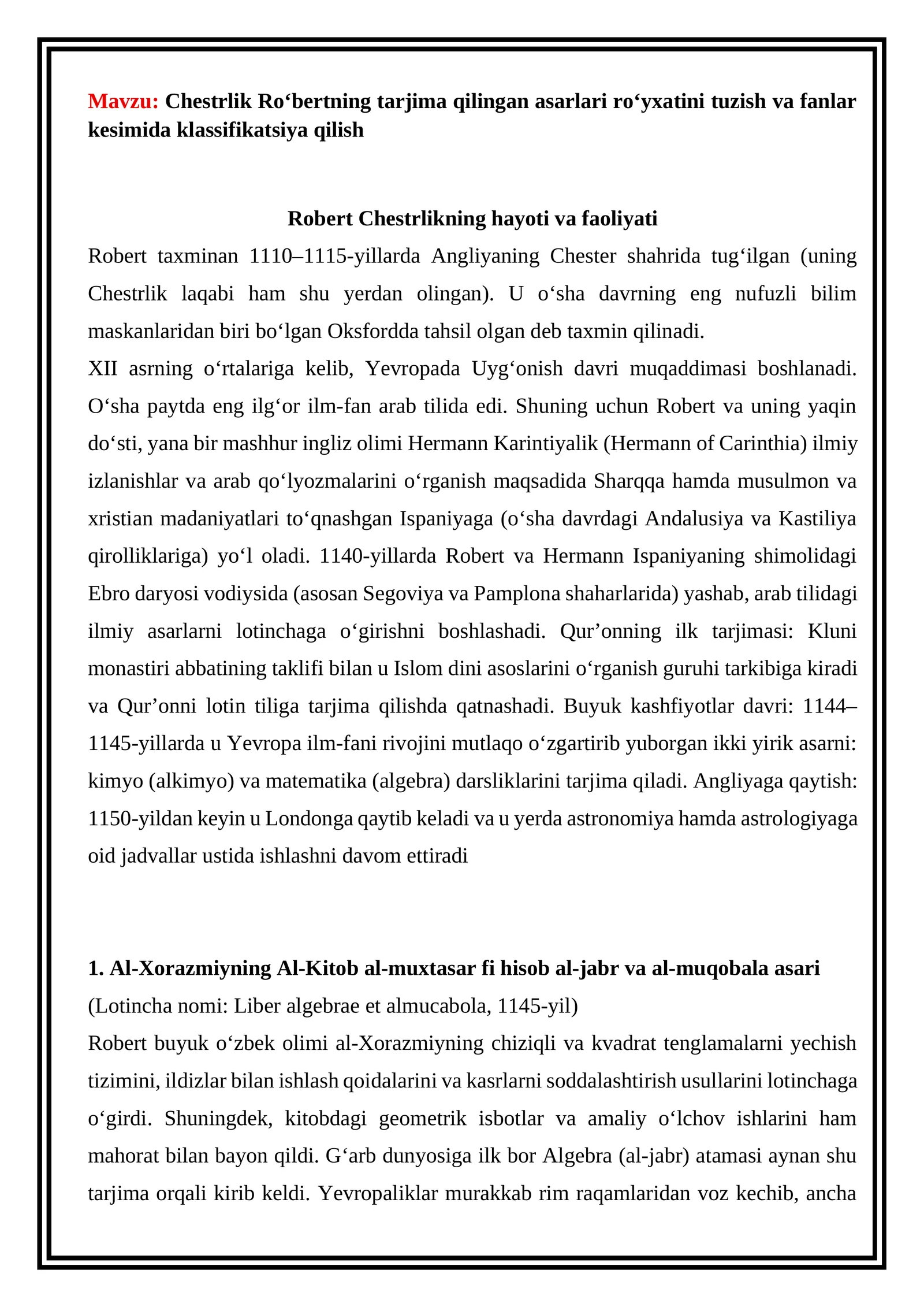 Chestrlik Roʻbertning tarjima qilingan asarlari roʻyxati