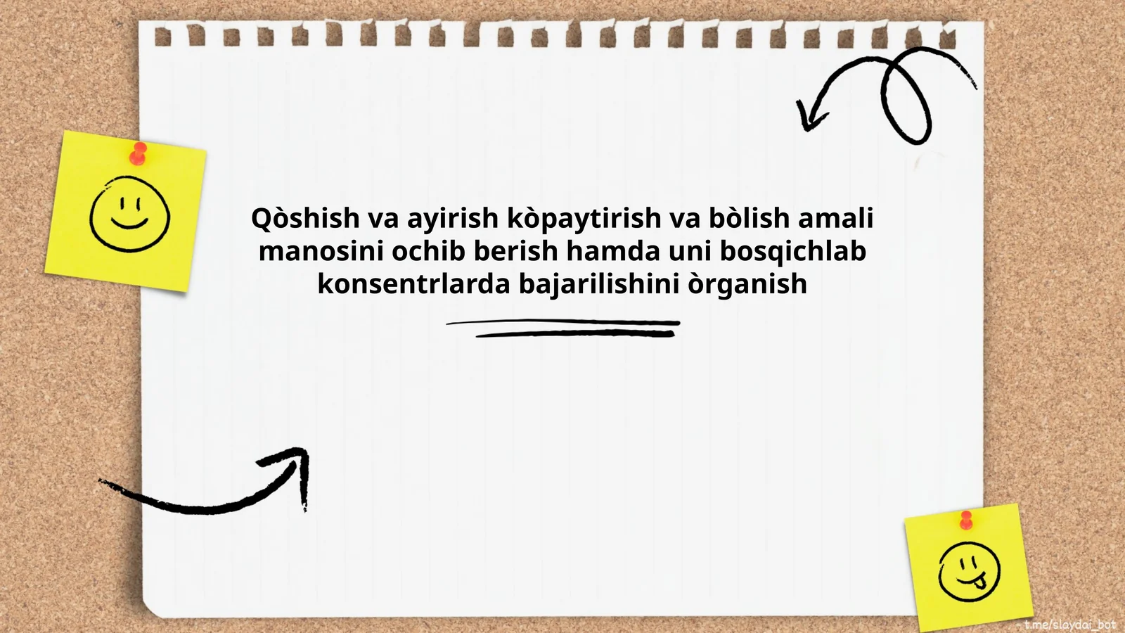 Qòshish va ayirish kòpaytirish va bòlish amali manosini ochib berish hamda uni bosqichlab konsentrlarda bajarilishini òrganish