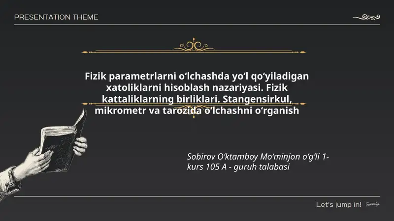Fizik parametrlarni oʻlchashda yoʻl qoʻyiladigan xatoliklarni hisoblash nazariyasi. Fizik kattaliklarning birliklari. Stangensirkul, mikrometr va tarozida oʻlchashni oʻrganish