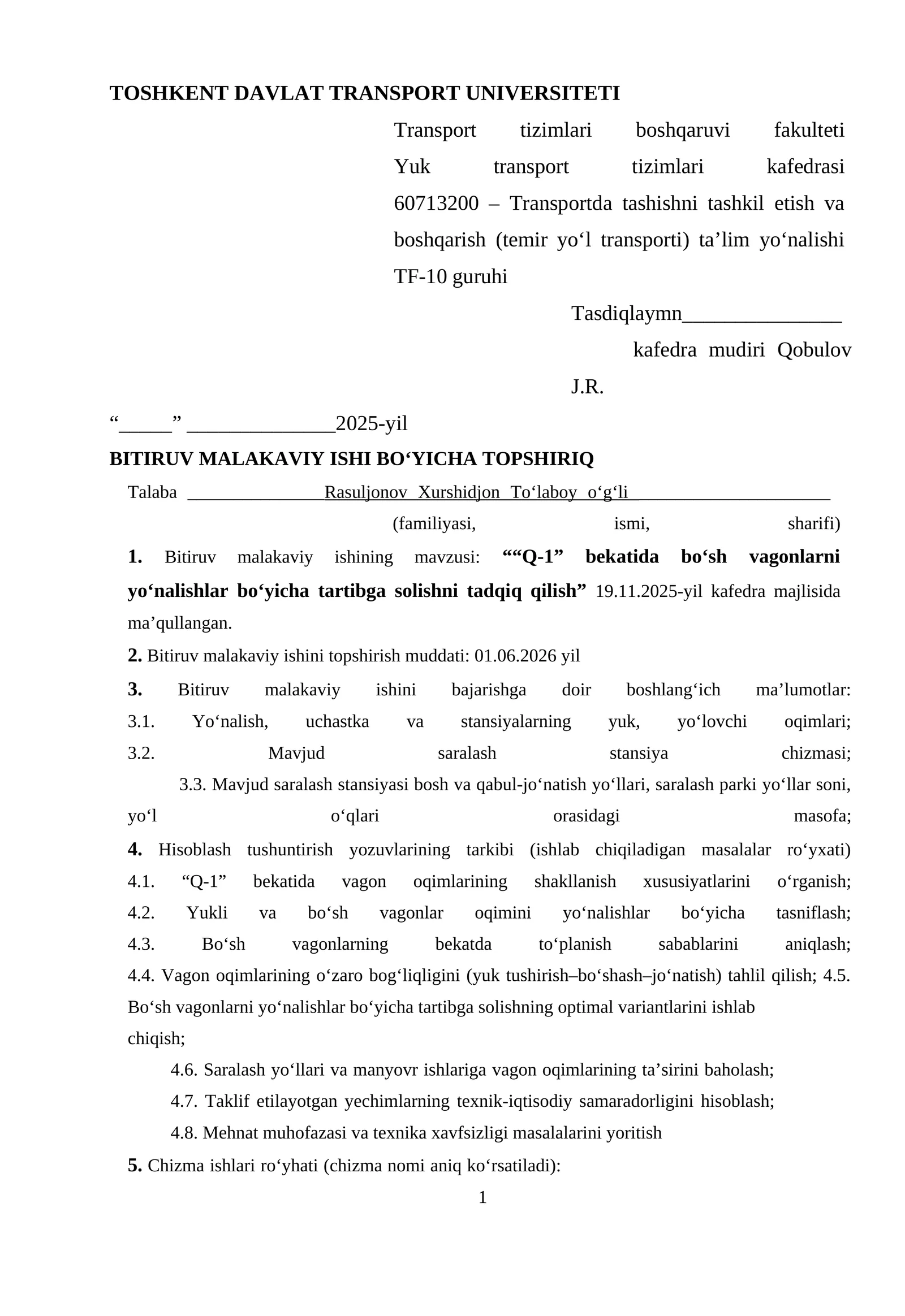 Q-1” bekatida bo‘sh vagonlarni yo‘nalishlar bo‘yicha tartibga solishni tadqiq qilish