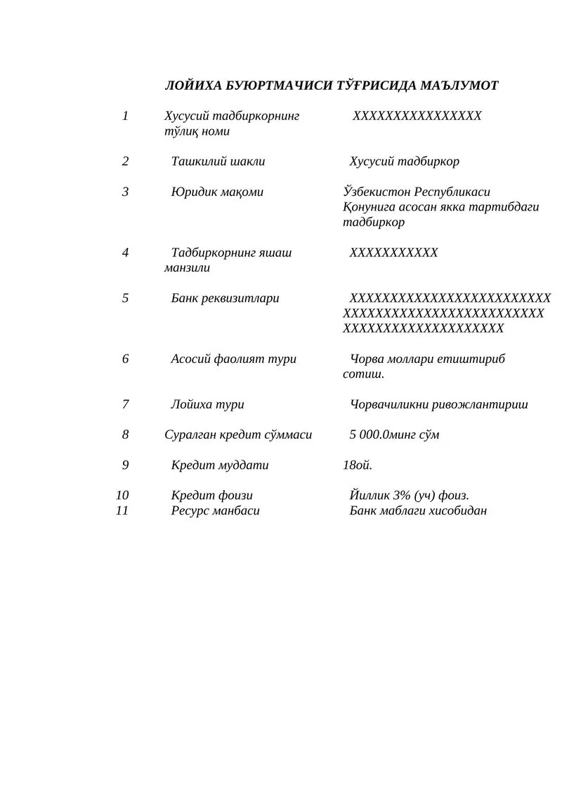 Chorvachilik uchun biznes reja