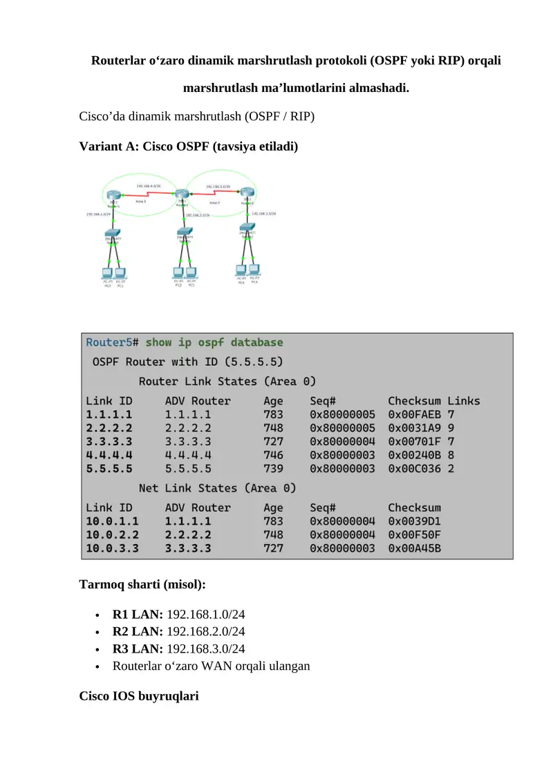 Routerlar dinamik marshrutlash protokollari (OSPF yoki RIP)