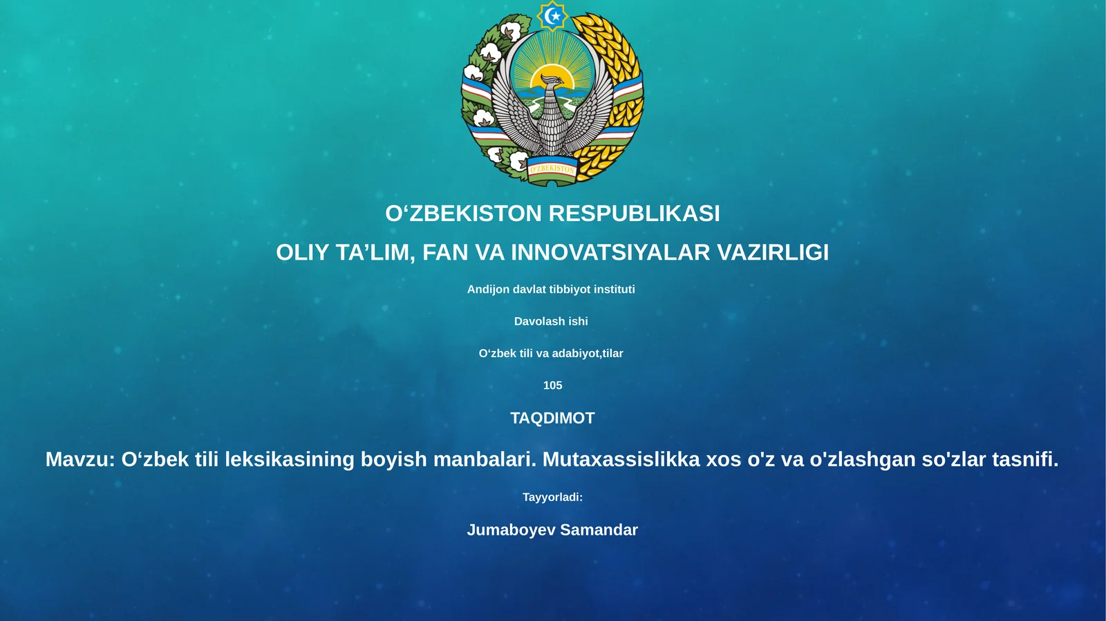 Oʻzbek tili leksikasining boyish manbalari. Mutaxassislikka xos o'z va o'zlashgan so'zlar tasnifi