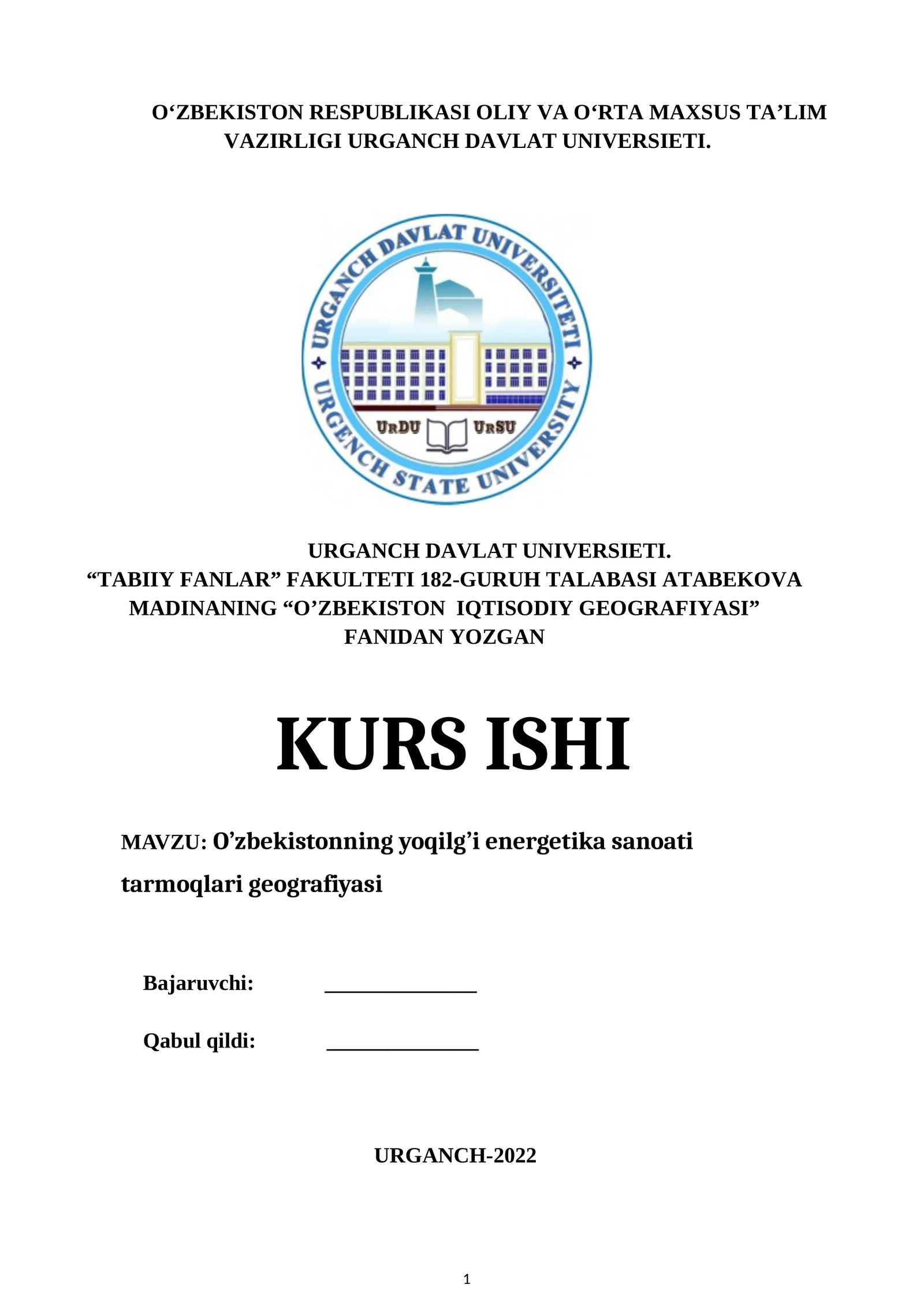 O’zbekistonning yoqilg’i energetika sanoati tarmoqlari geografiyasi