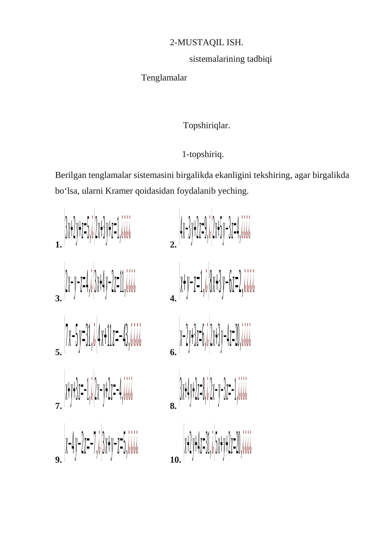 Tenglamalar Sistemalarining Tadbiqi