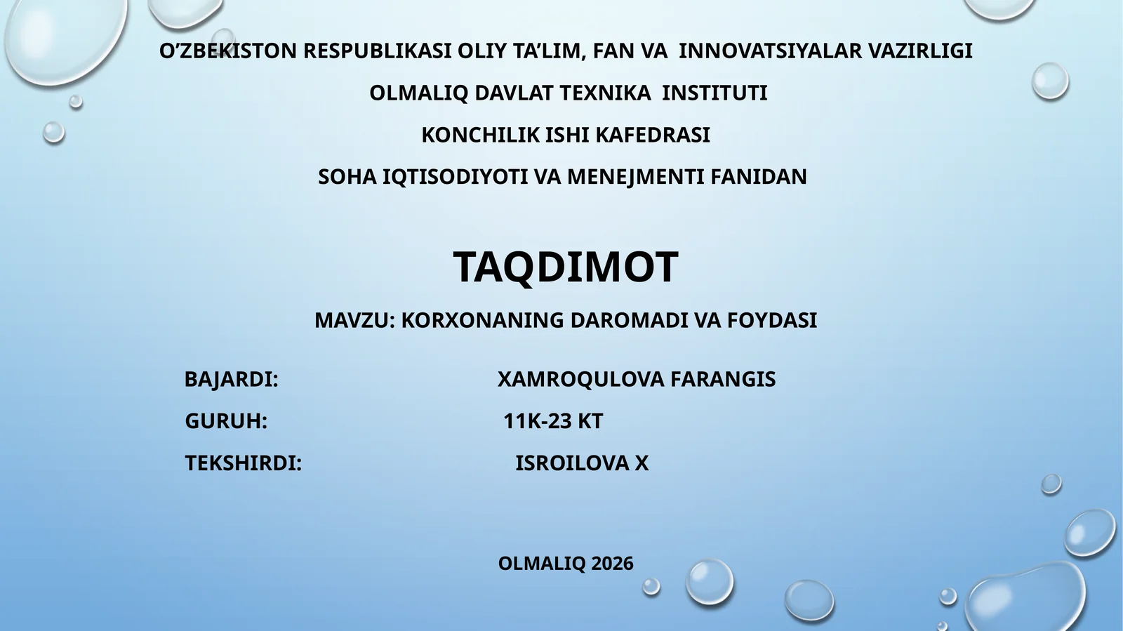 korxonaning daromadi va foydasi