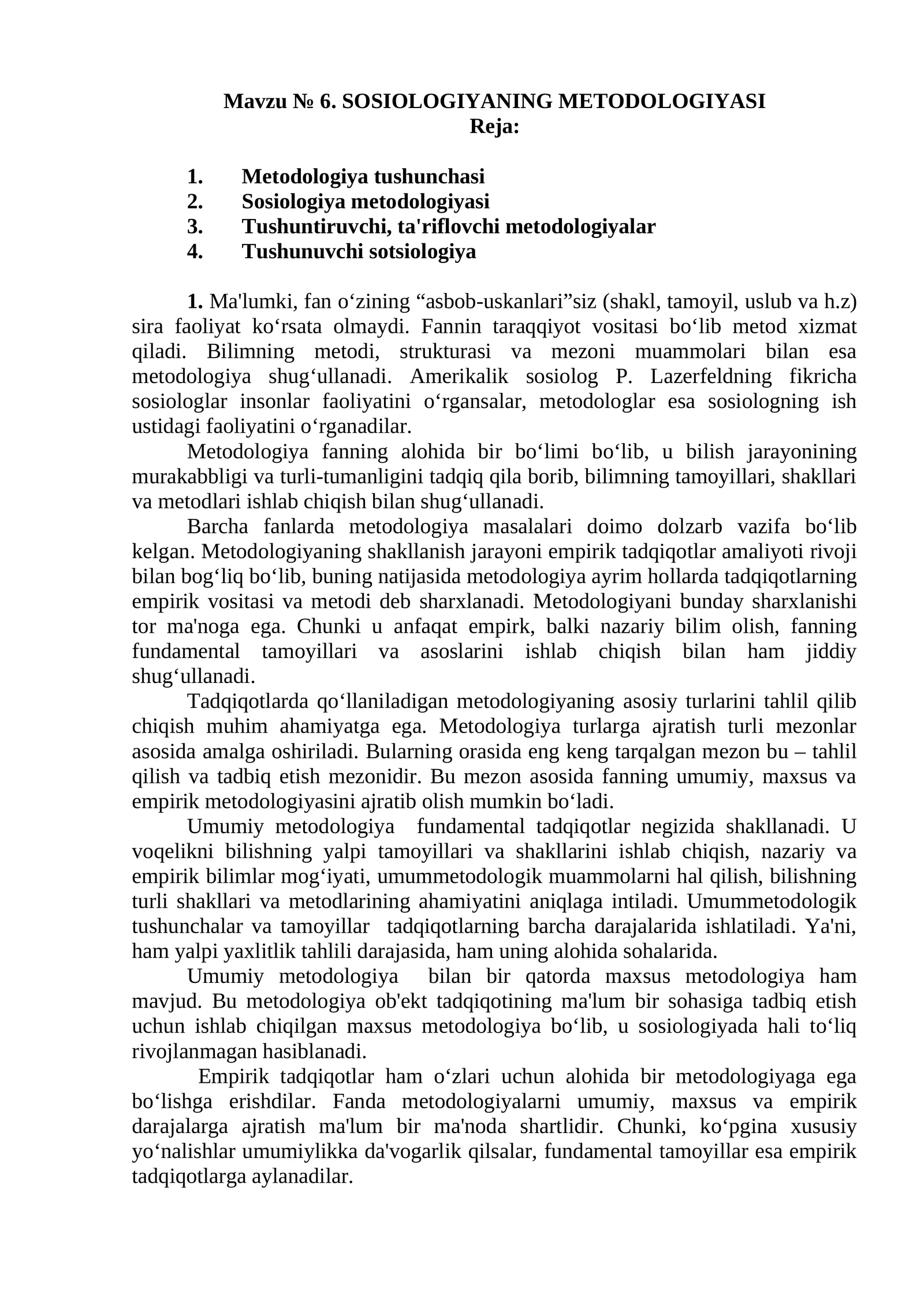SOSIOLOGIYANING METODOLOGIYASI