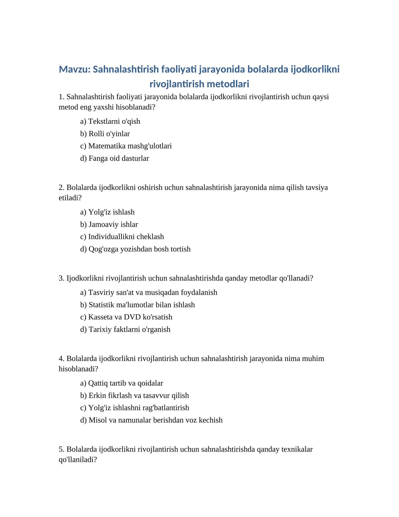 Sahnalashtirish faoliyati jarayonida bolalarda ijodkorlikni rivojlantirish metodlari