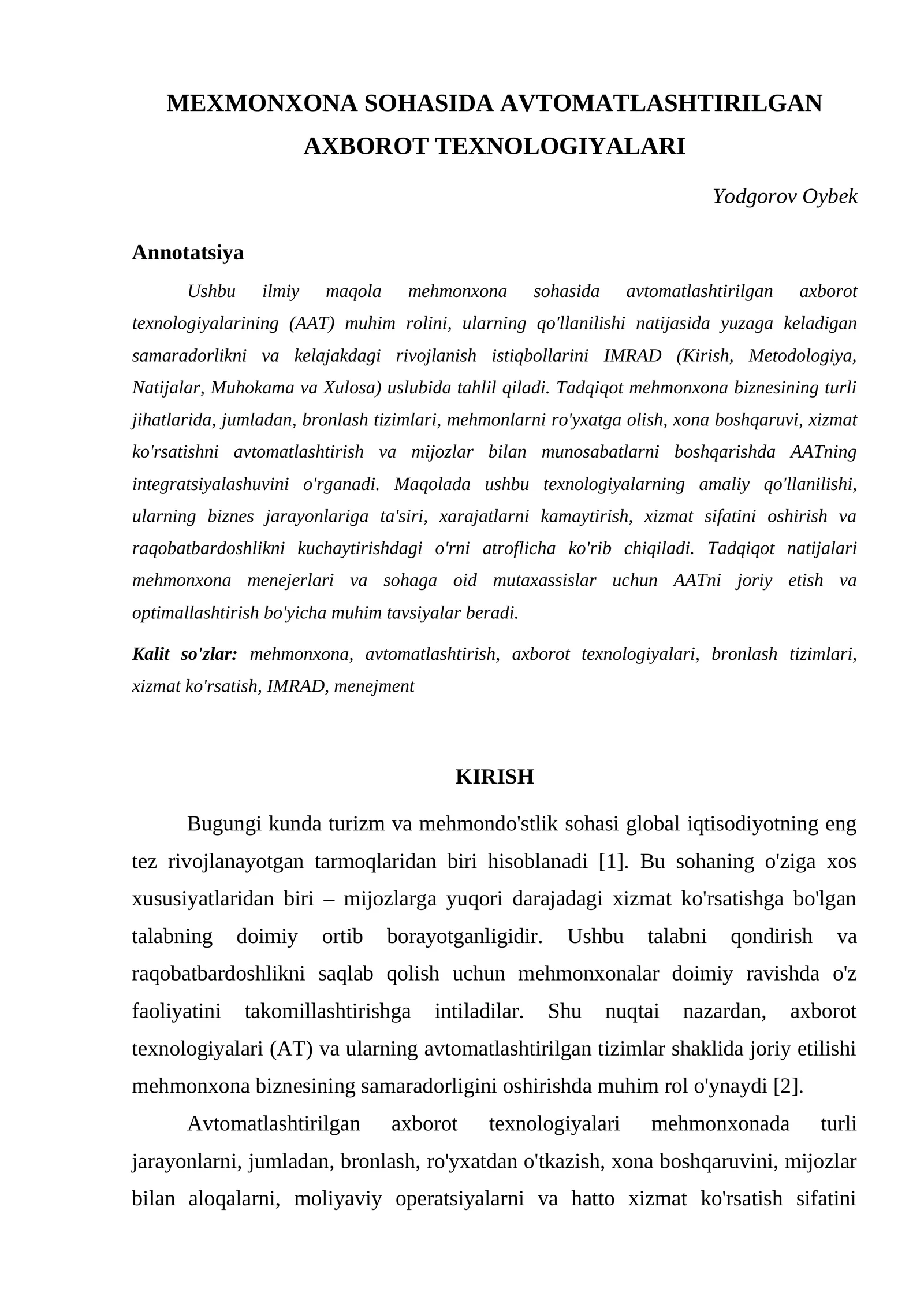MEXMONXONA SOHASIDA AVTOMATLASHTIRILGAN AXBOROT TEXNOLOGIYALARI