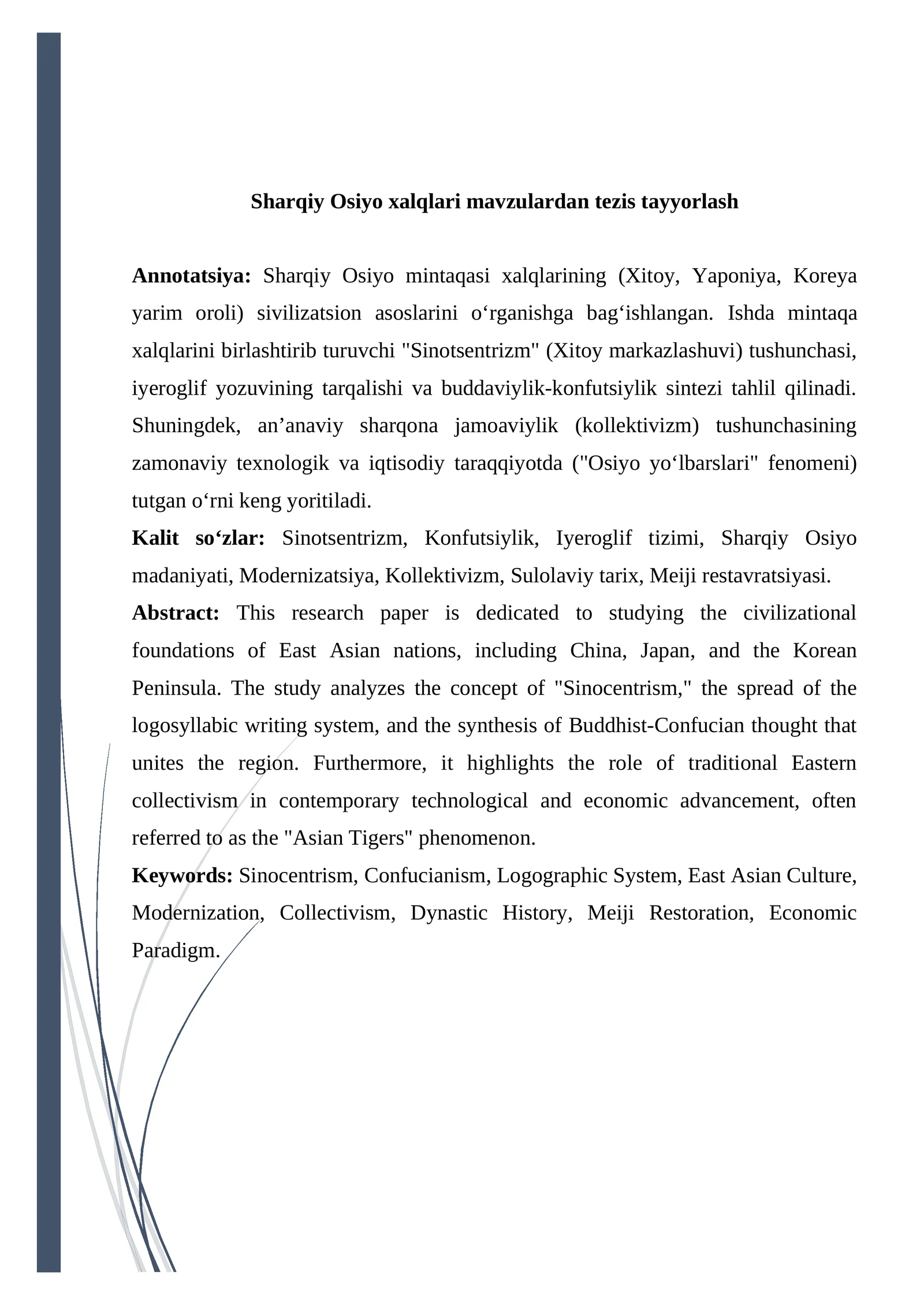 Sharqiy Osiyo xalqlari mavzulardan tezis tayyorlash