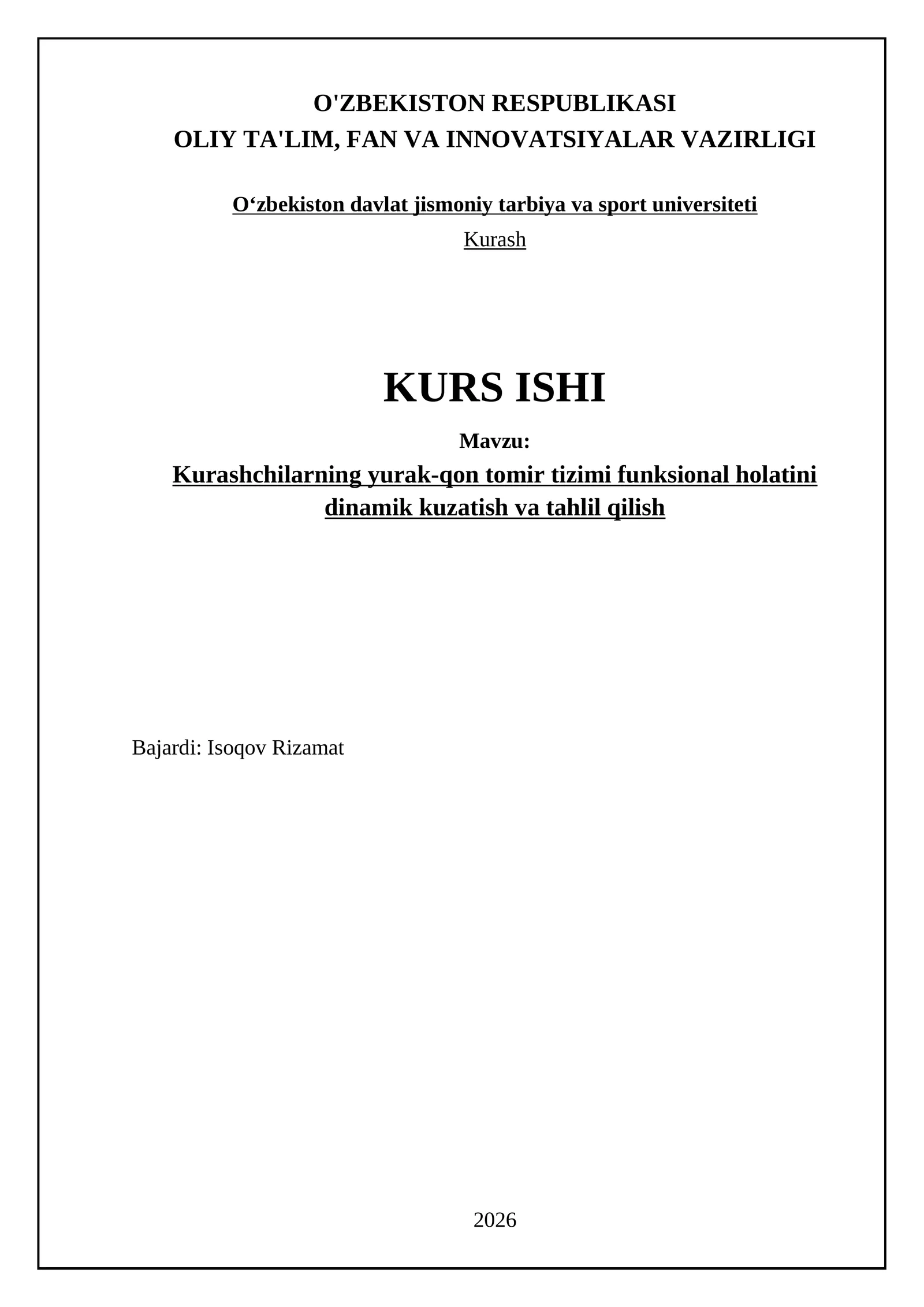 Kurashchilarning yurak-qon tomir tizimi funksional holatini dinamik kuzatish va tahlil qilish