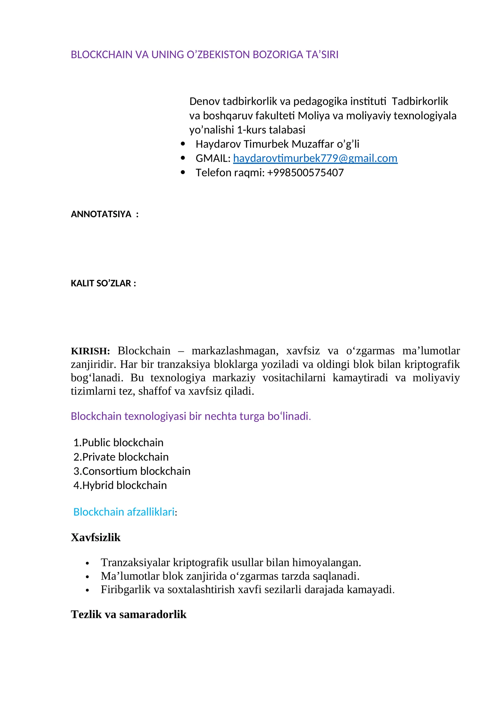 Blockchain va uning O'zbekiston bozoriga ta'siri