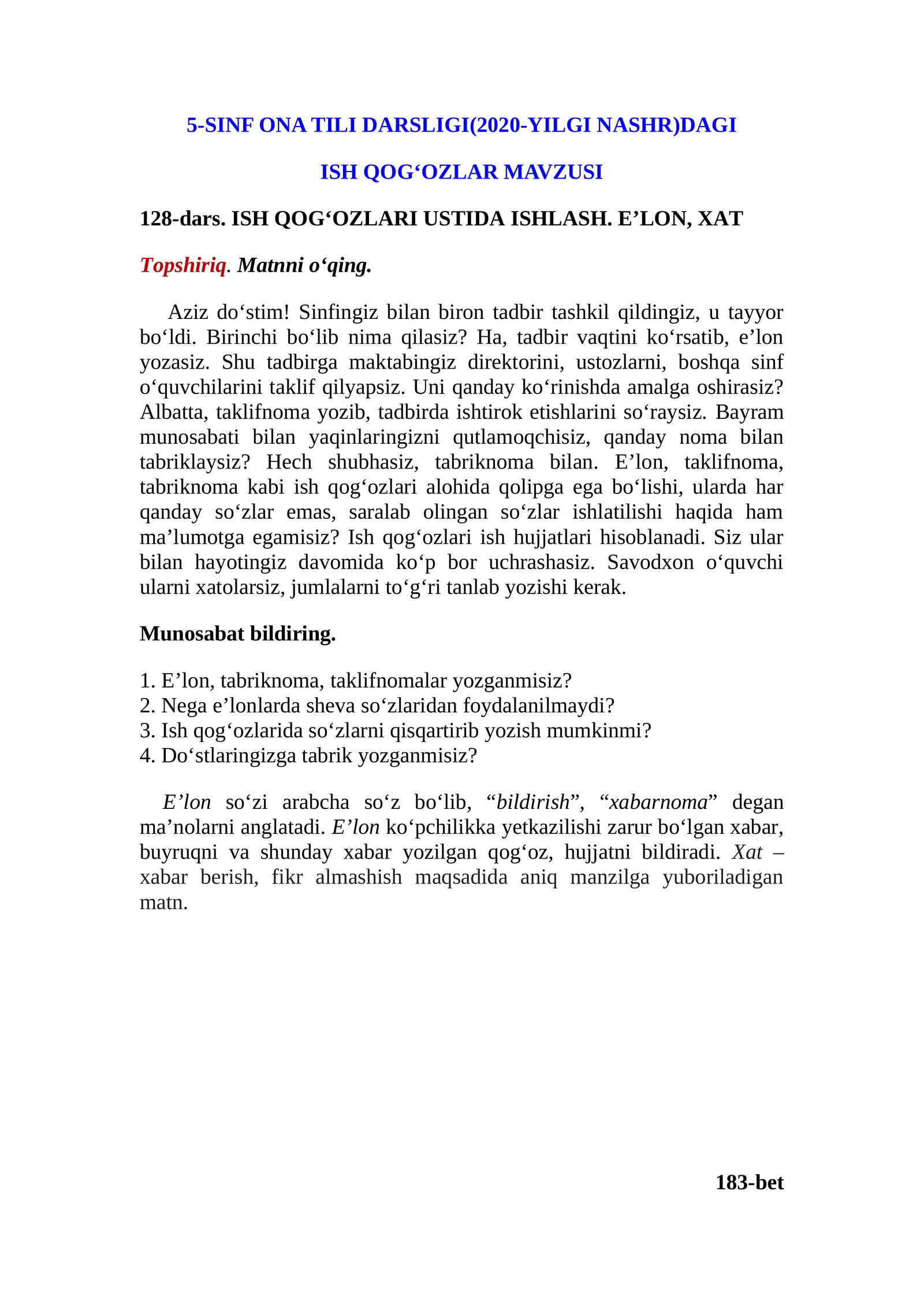 SINF ONA TILI DARSLIGI(2020-YILGI NASHR)DAGI