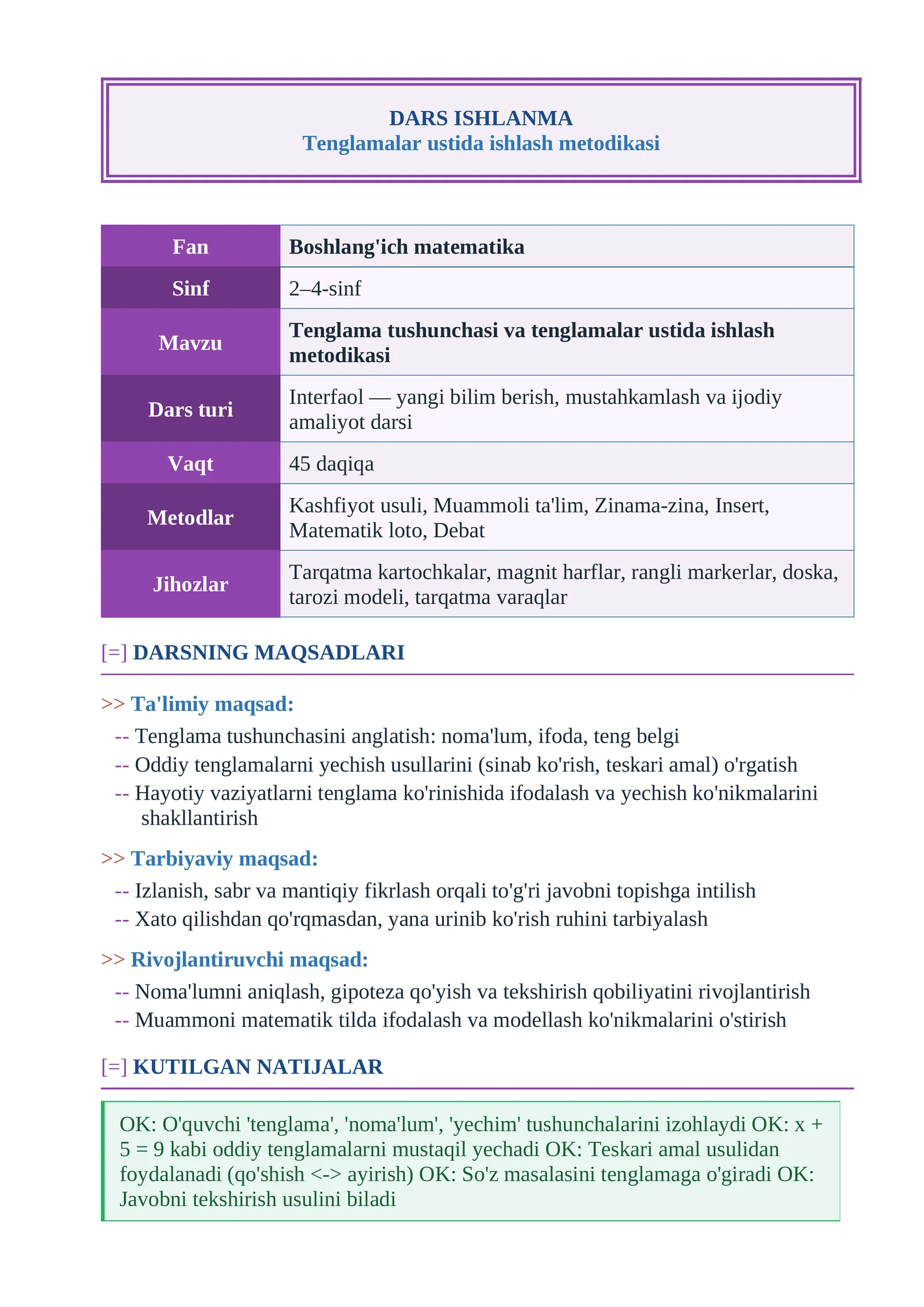 Tenglamalar ustida ishlash metodikasi dars ishlanma