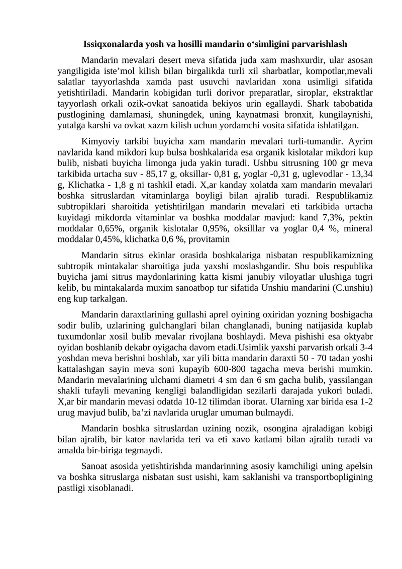 Mandarin o‘simligini parvarishlash