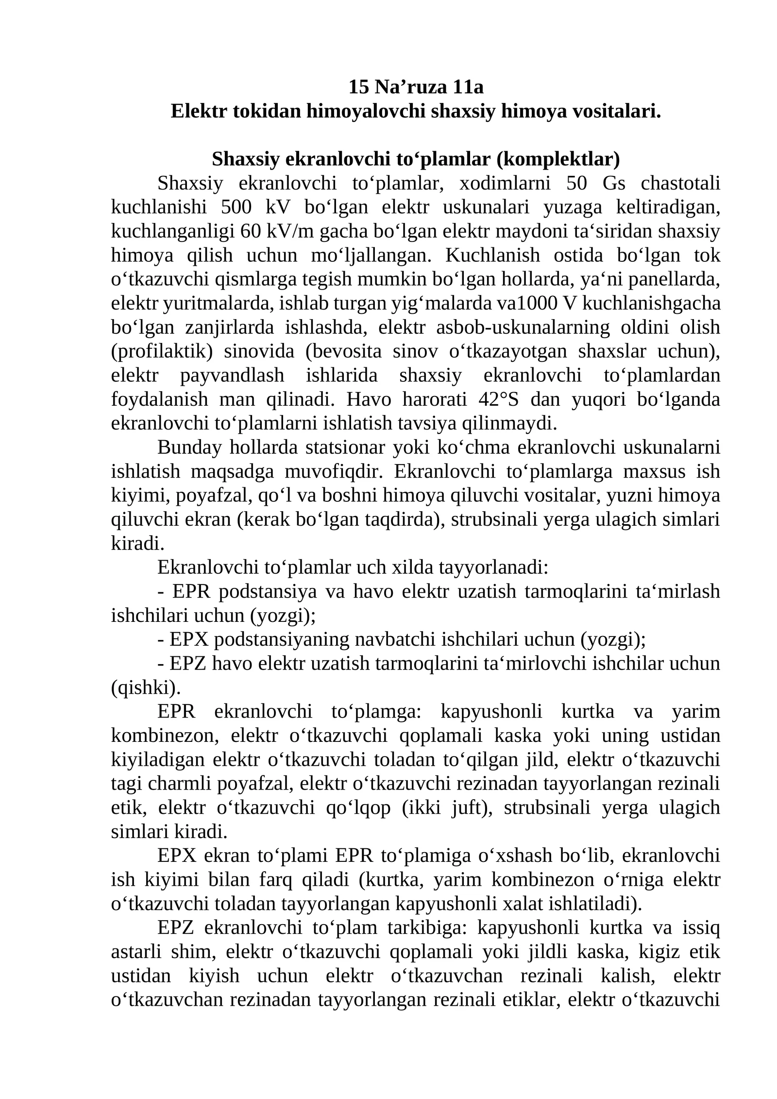 Elektr tokidan himoyalovchi shaxsiy himoya vositalari. Shaxsiy ekranlovchi to‘plamlar (komplektlar)