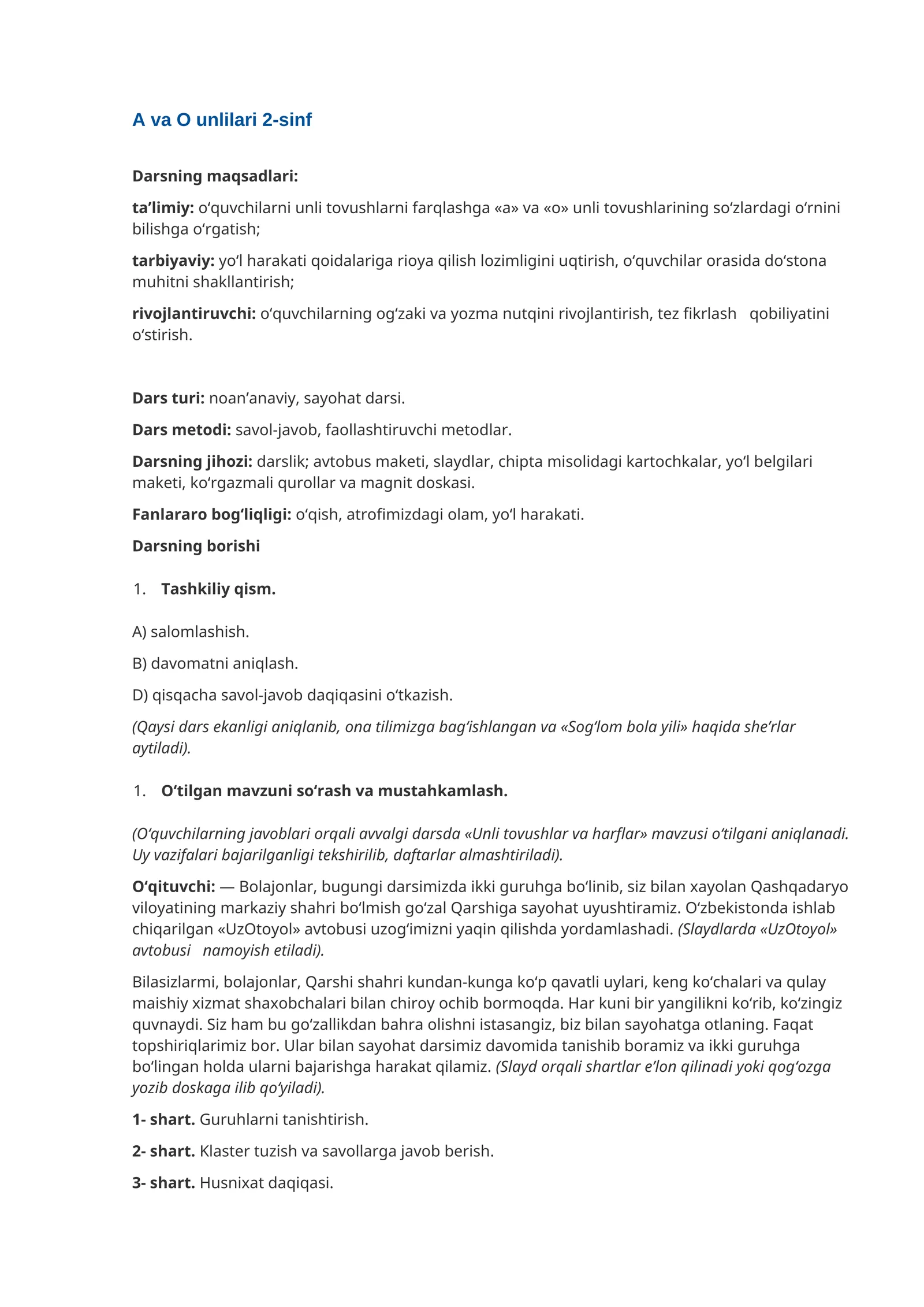 A va O unlilari 2-sinf