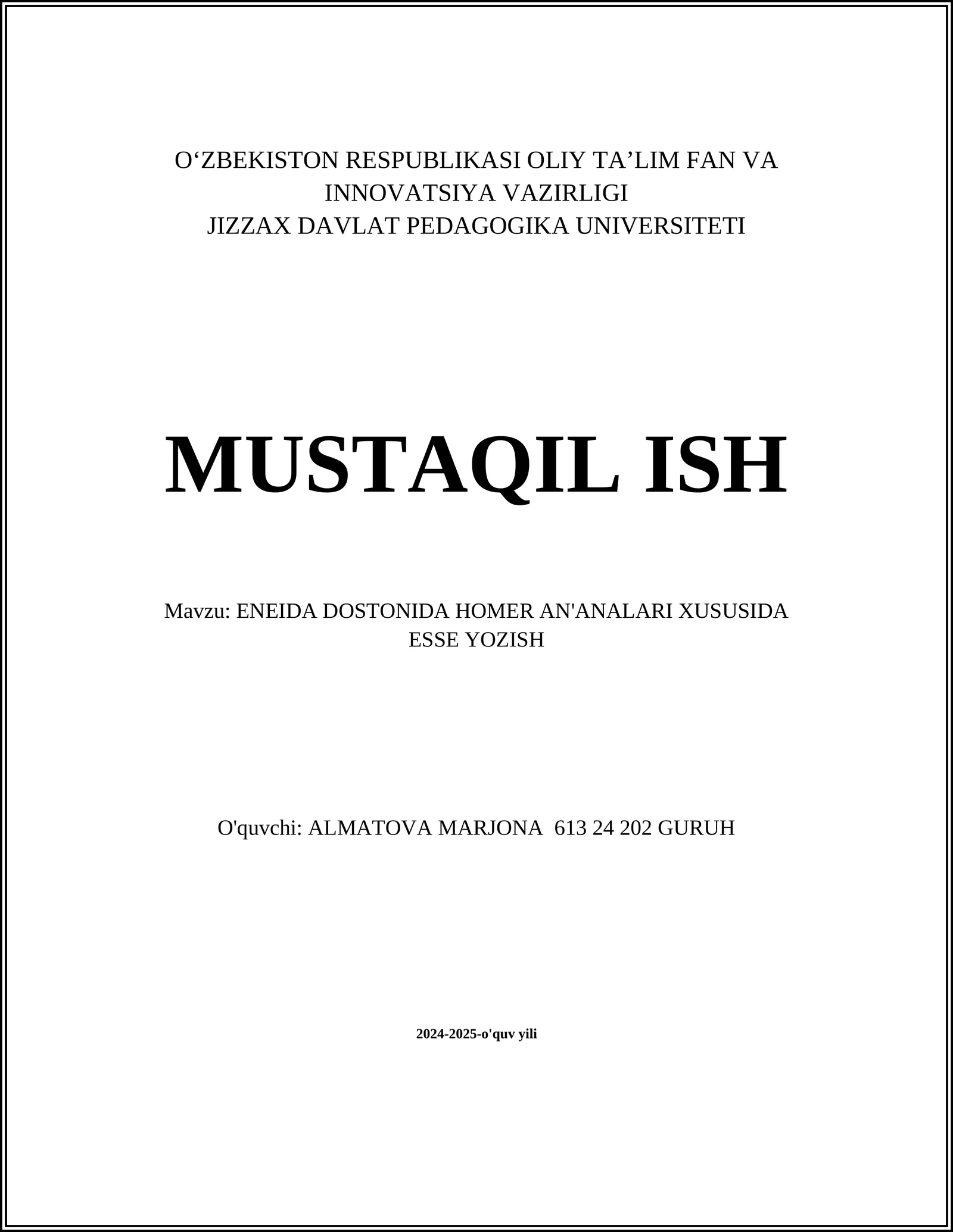 ENEIDA DOSTONIDA HOMER AN'ANALARI XUSUSIDA ESSE YOZISH