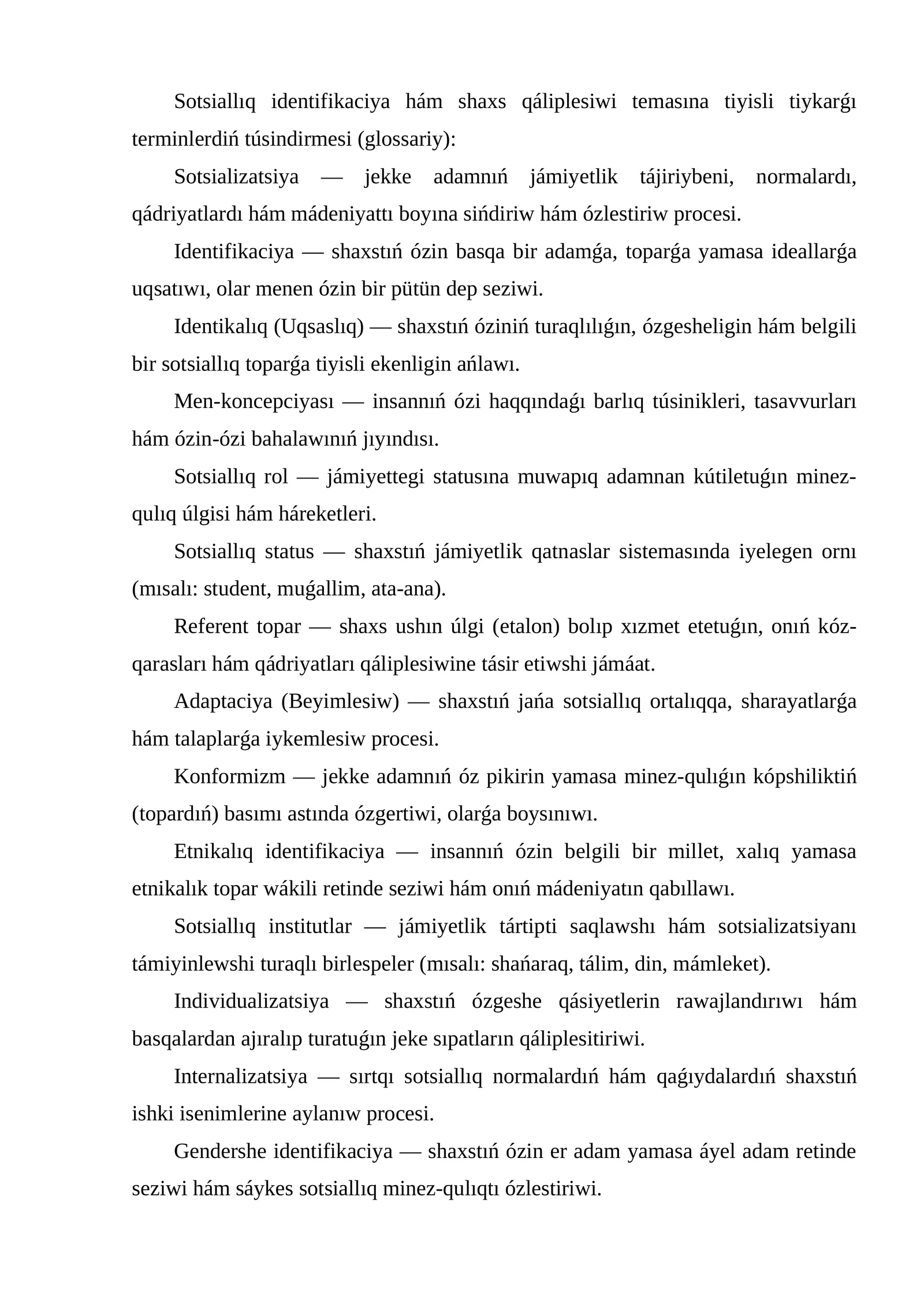 Sotsiallıq identifikaciya hám shaxs qáliplesiwi temasına tiyisli tiykarǵı terminlerdiń túsindirmesi (glossariy)